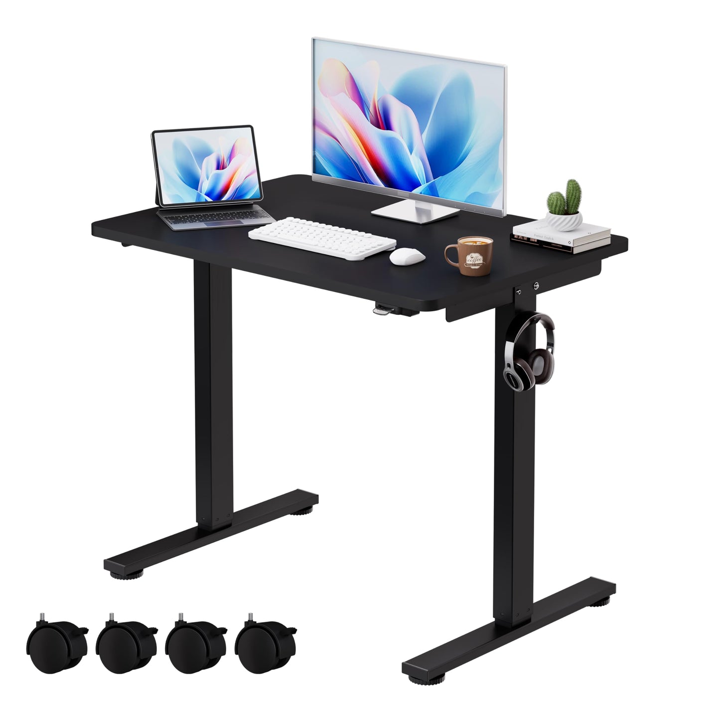 Okin Small Electric Standing Desk, 36 x 24 Inches Whole Piece Height Adjustable Desk, Black Sit to Stand Desks Computer Workstation with Wheels for Home Office