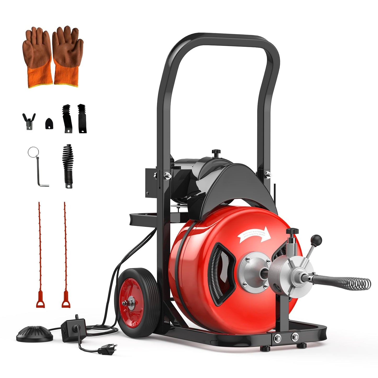 100Ft 3/4 Inch Electric Drain Cleaner Machine, 750W Auto Feed Sewer Snake Drain Auger with 6 Cutters & Air-Activated Foot Switch, Portable Electric Drain Cleaner for 4" to 8" Pipes