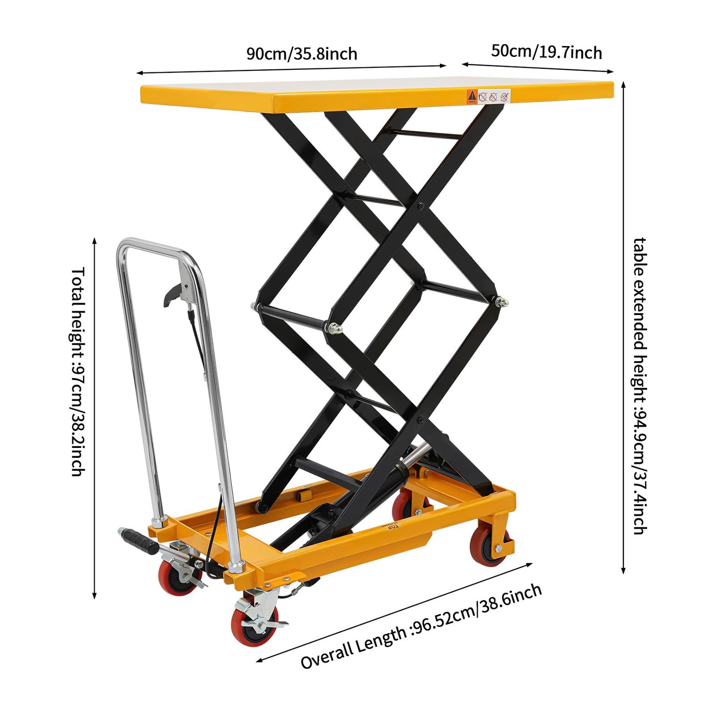 Hydraulic Lift Table Cart, 770 LBS Double Scissor Lift Table Double Scissor Lift Table with 49.6 Max Lift Q235 Steel & PU Non-Slip Pad with 4 Wheels for Warehouse Shop & Garage Material Handling