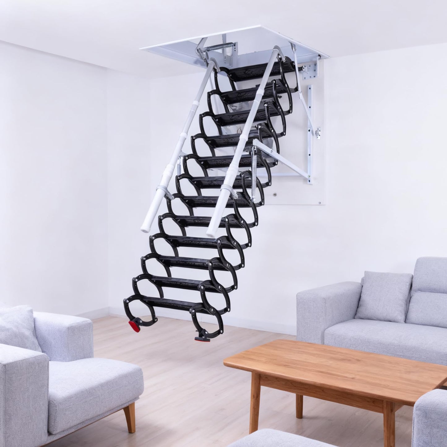 9.8ft Electirc Attic Ceiling Ladder, Pull Down Attics Ladder with Handrails, Folding Retractable Loft Ladders, Invisible Telescoping Attic Stairs, Extension Steps Staircase for Garage, Home, Basement