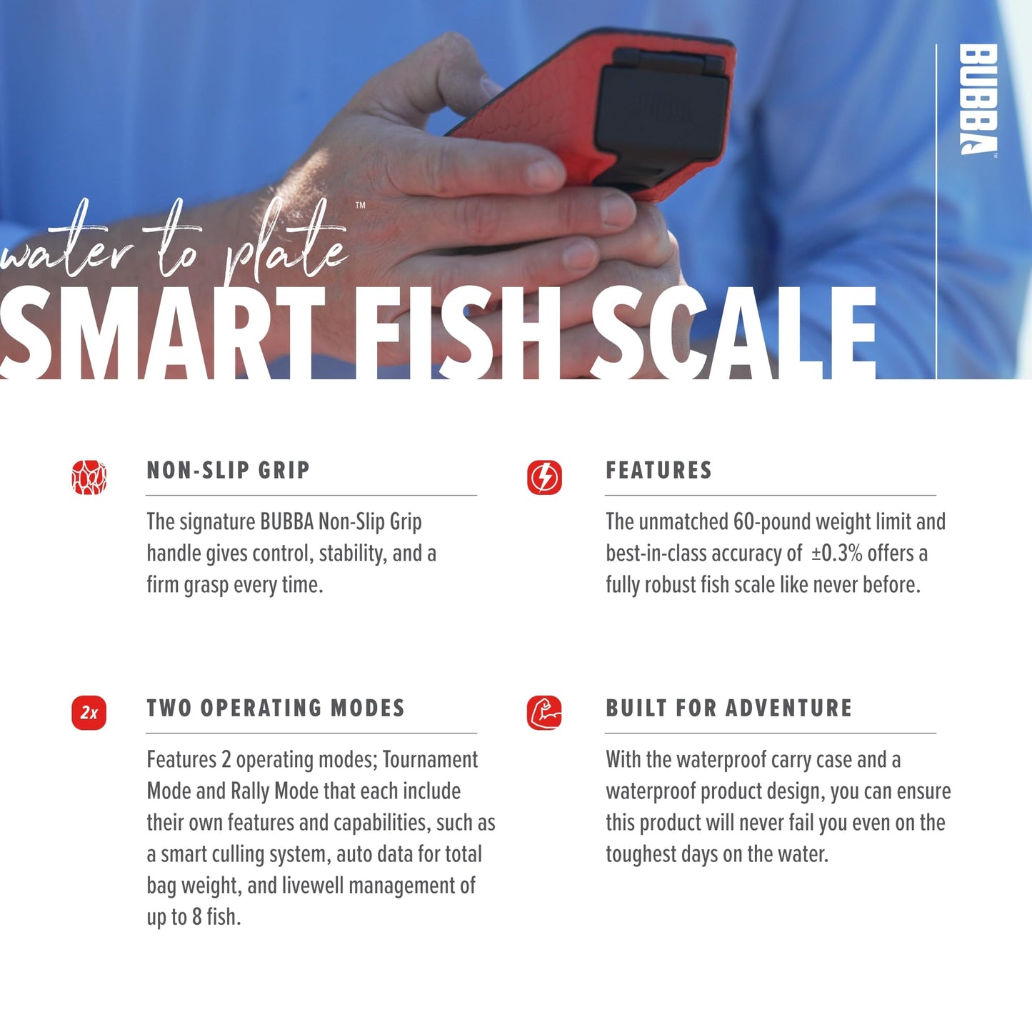 BUBBA Smart Fish Scale -Tournament Fishing Tool - Built in Fish Clip and Hook - 2 Modes, Digital Screen, 60lb Limit