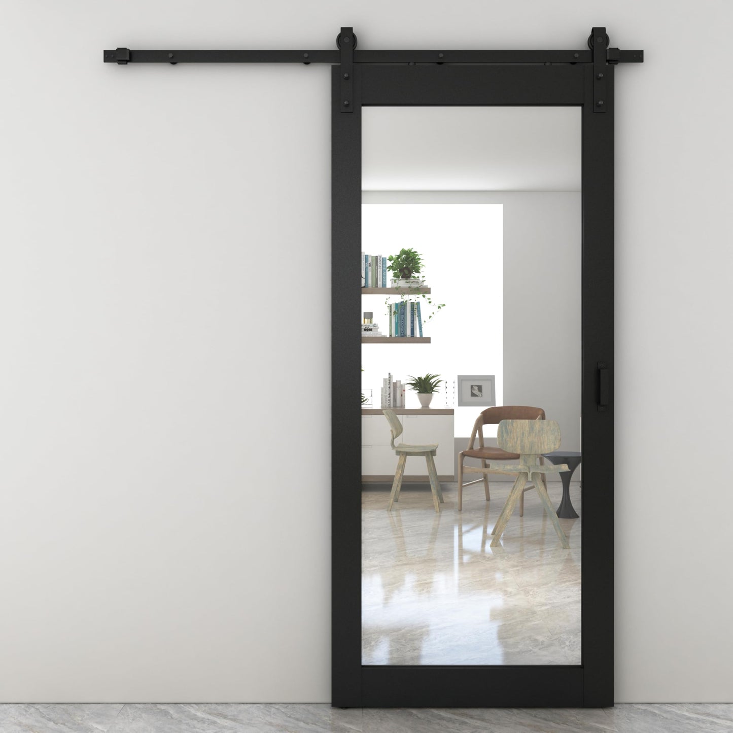36 in. x 84 in. Mirrored Glass Black MDF Interior Sliding Barn Door with Hardware Kit and Door Handle