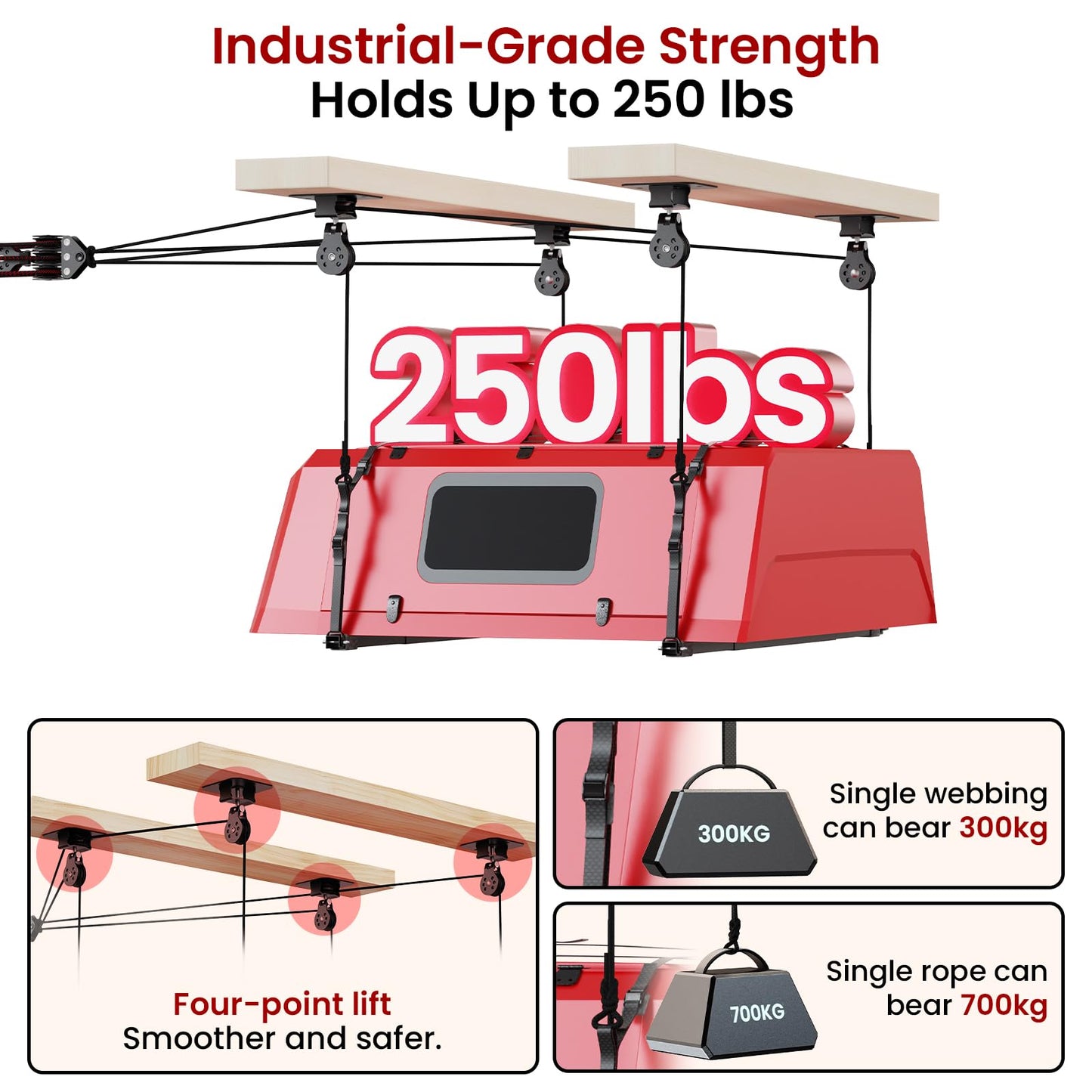 Pacikwest Truck Cap Hoist System for Garage Ceiling, Smart 4-Point Self-Leveling Garage Hoist with 8:1 Pulley Lift System, Easy One-Person Overhead Garage Storage Lift for Truck Topper Rack, 250 lb