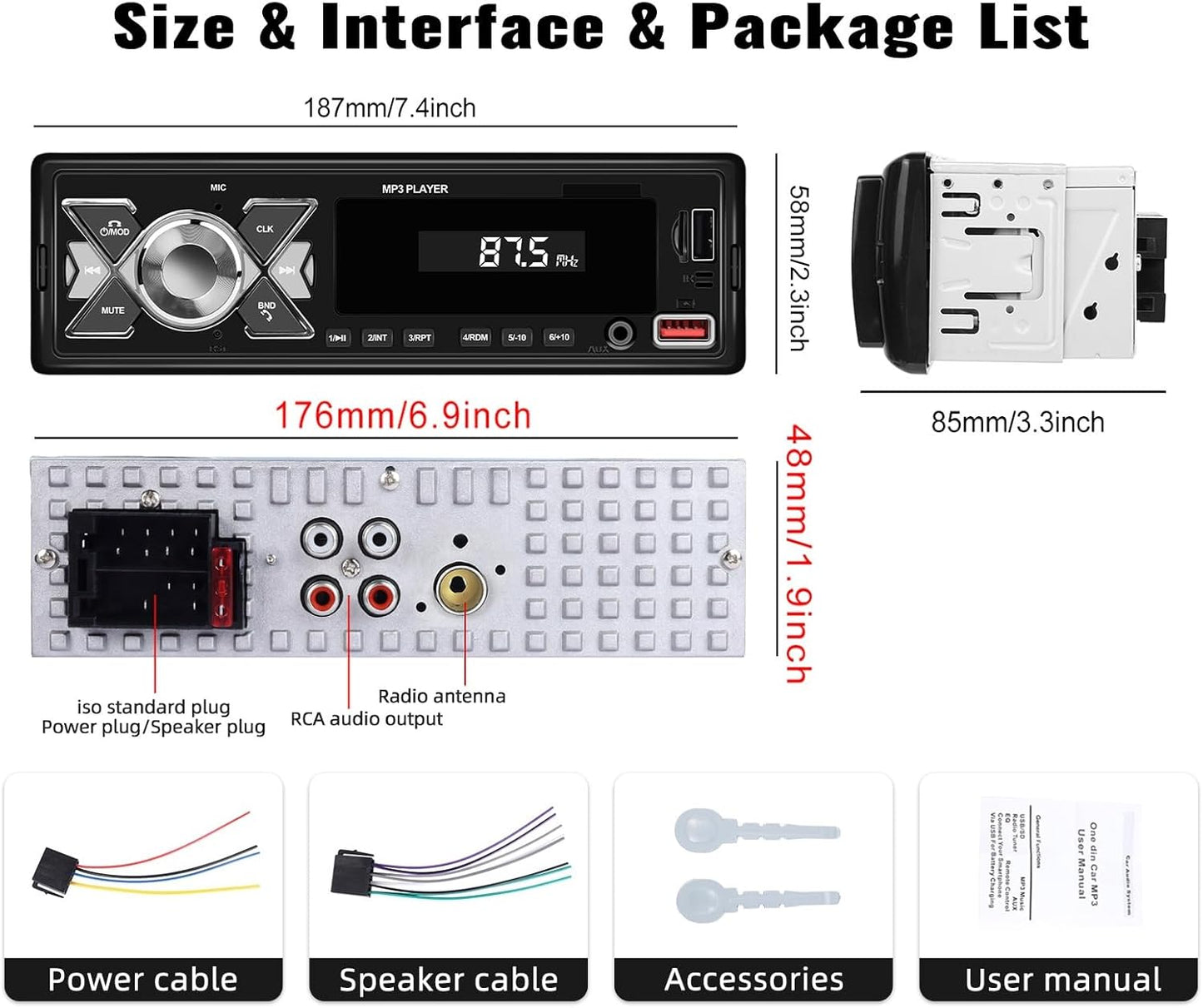 CAMECHO MP3 Single Din Car Stereo Bluetooth Audio Digital Media Receiver with USB Port FM Radio, Player, EQ, APP