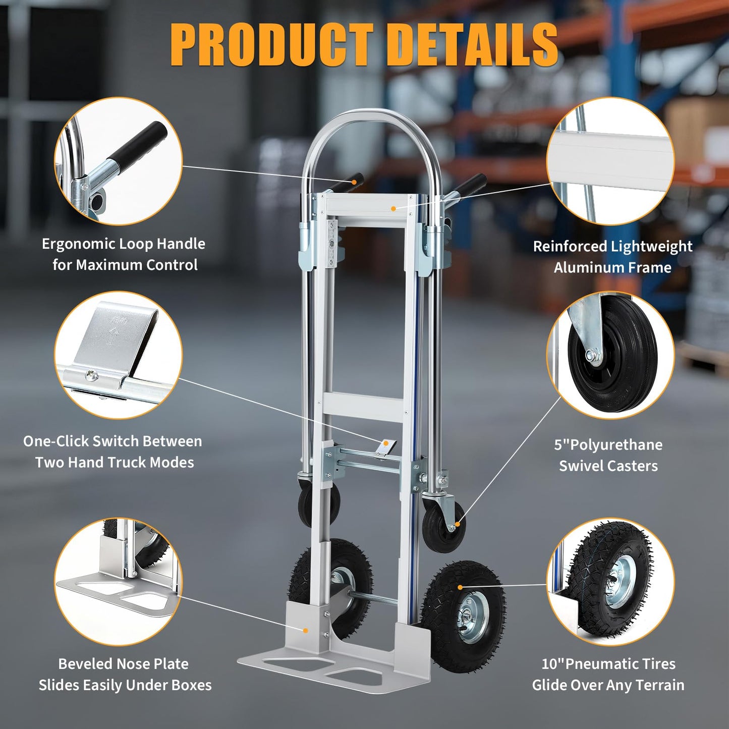 700LB Heavy Duty Hand Truck, 2 in 1 Aluminum Folding Carts with 10" Wheels, Collapsible Cart for Transport and Moving in Warehouse, Supermarket, Garden