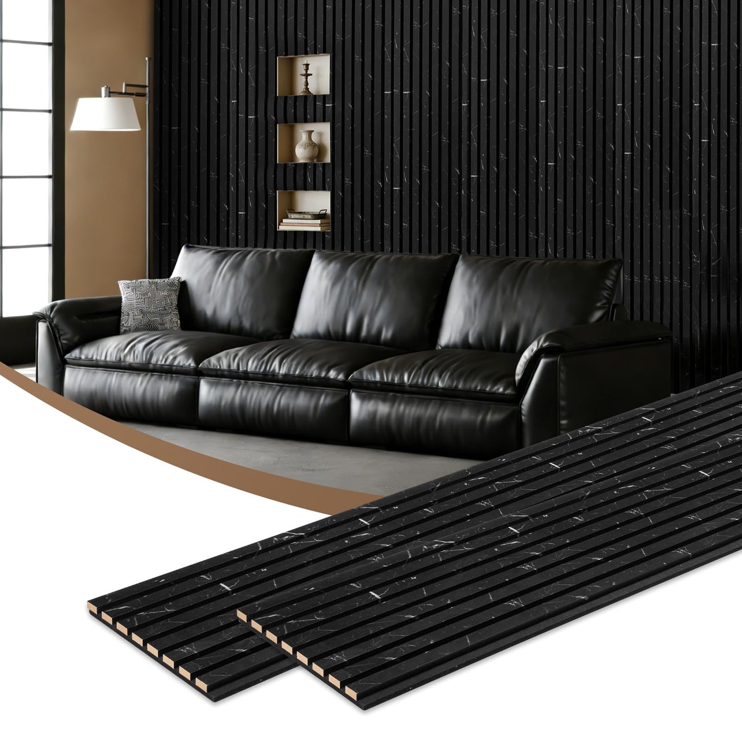 Wood Wall Panels for Interior Wall Decor, 2 Pack 94.5"x12.6"(16.5ft²) Wood Slat Acoustic Panels, Soundproof Panels for Noise Cancelling and Decoration, Living Room, Bedroom, Office, Black Marble