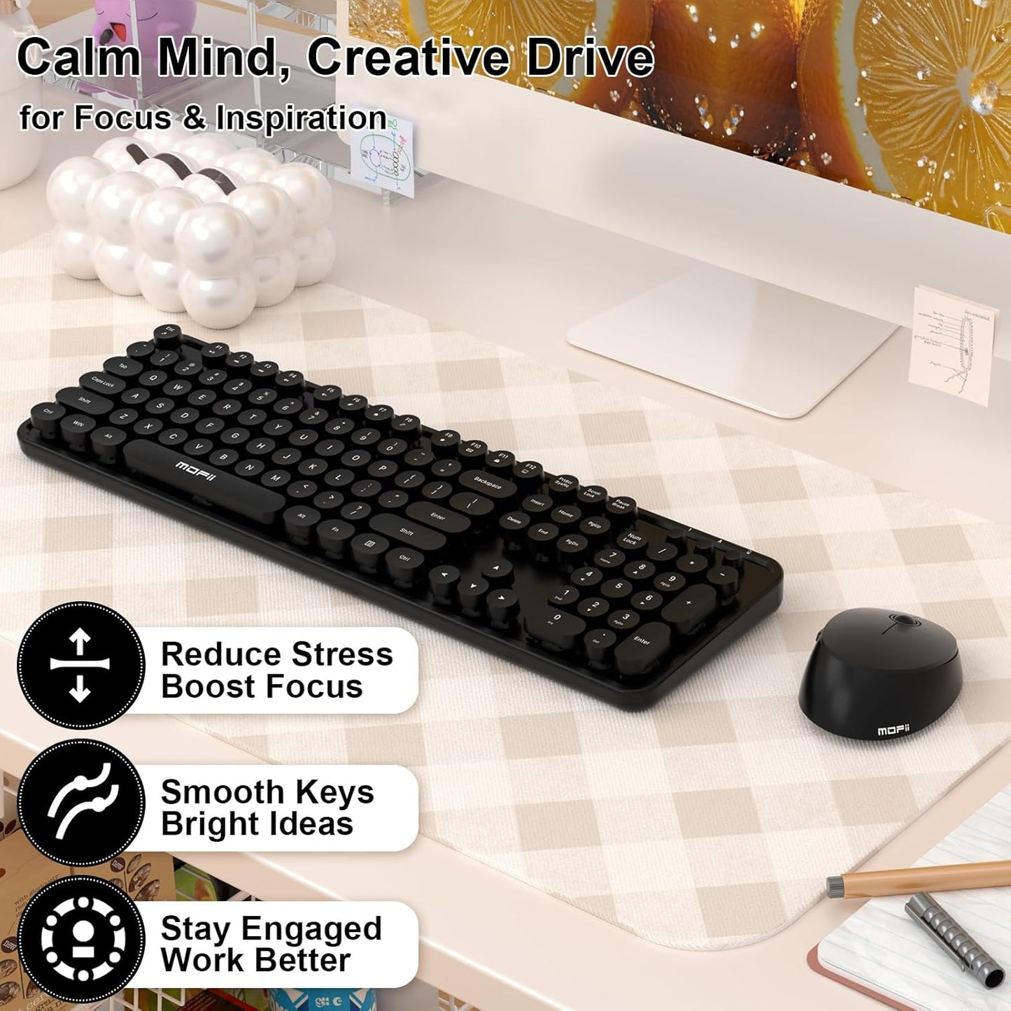 MOFII 104 Wireless Keyboard and Mouse Combo, Keys Full-Size Retro Round Keys Typewriter Keyboards Ergonomic Keyboards