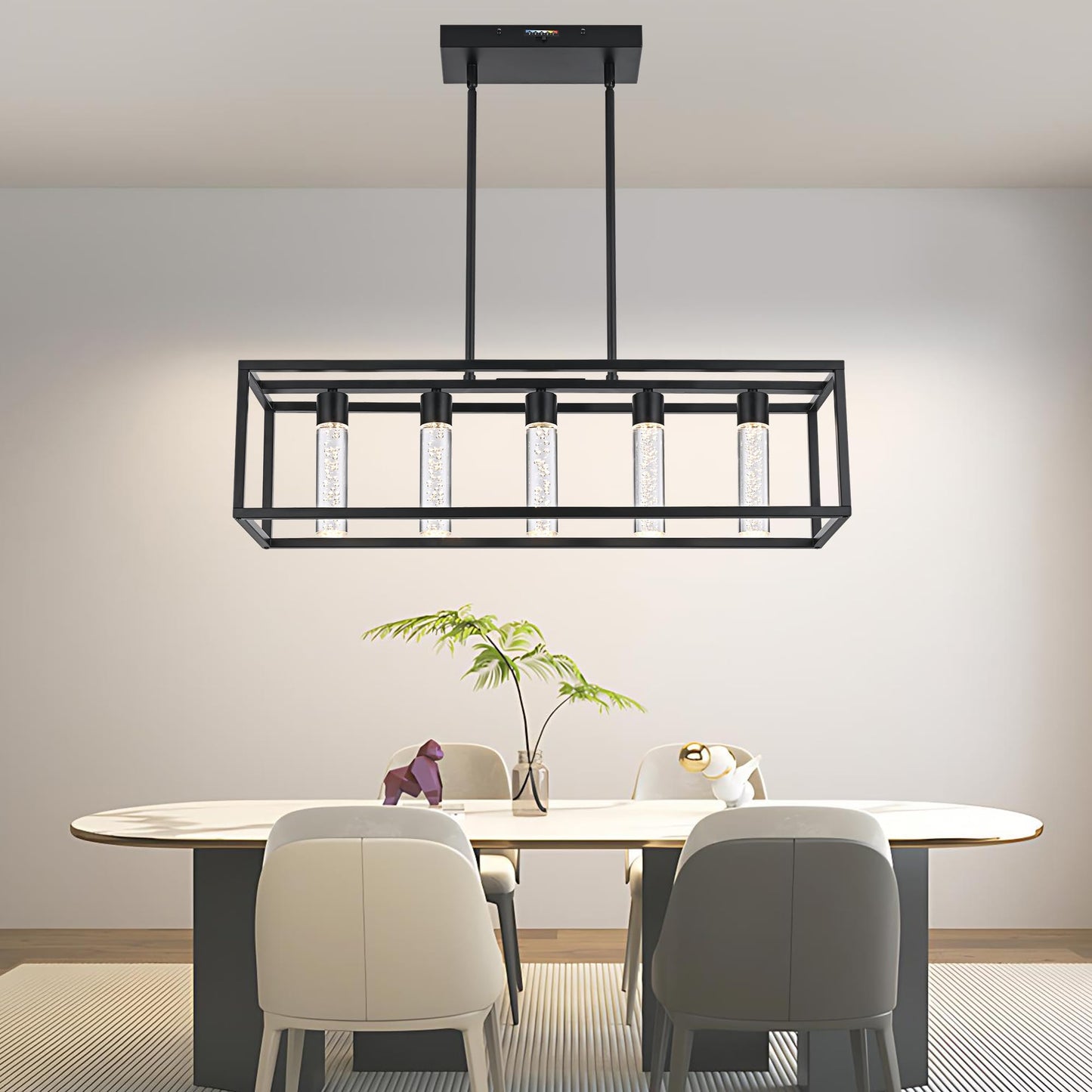 VINLUZ LED Farmhouse Kitchen Island Lighting,5 Light Industrial Linear Chandelier for Dining Room Metal Black Finish Hanging Pendant Light Fixture for Bedroom Living Room Hallway