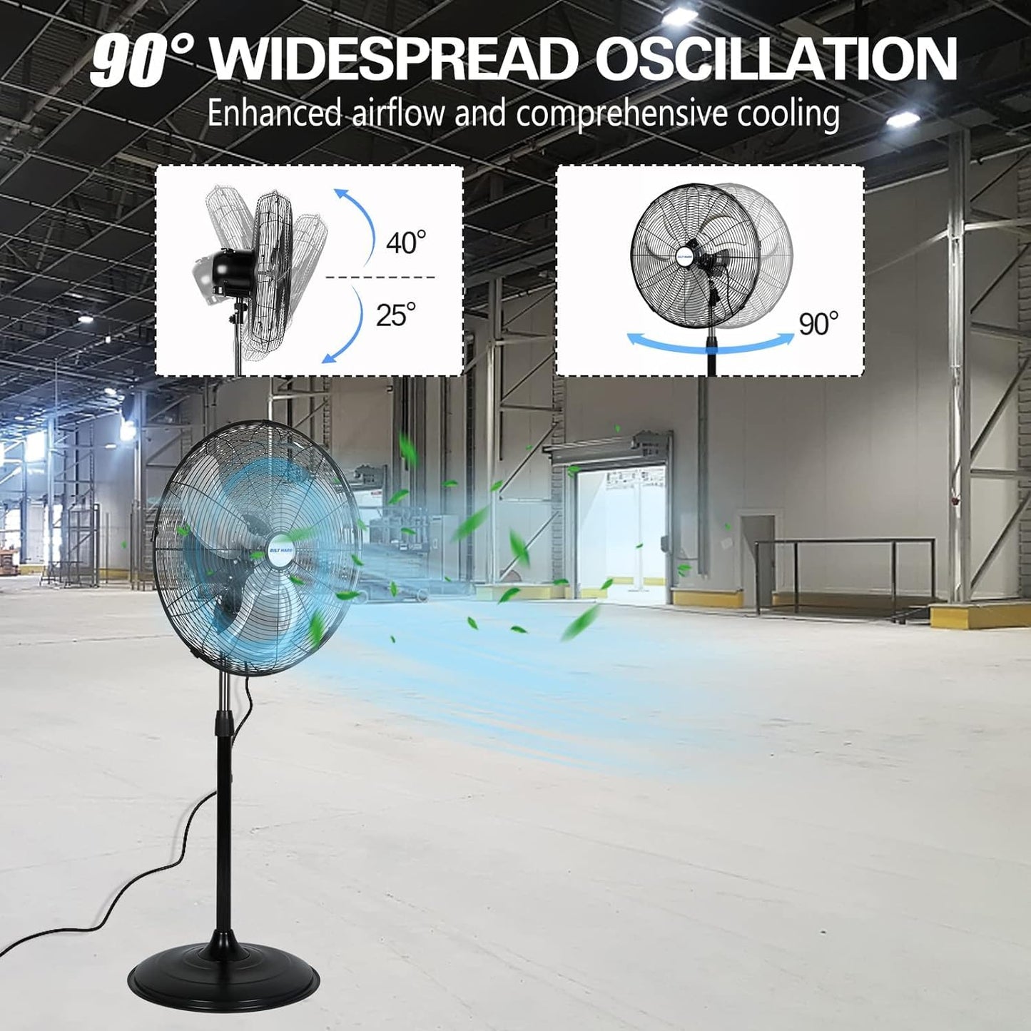 BILT HARD 20" High-Velocity Industrial Pedestal Fan with 3 Speeds, 5200 CFM Oscillating Stand Fan, Heavy Duty Metal Stand Fan for Commercial, Warehouse, Garage Use