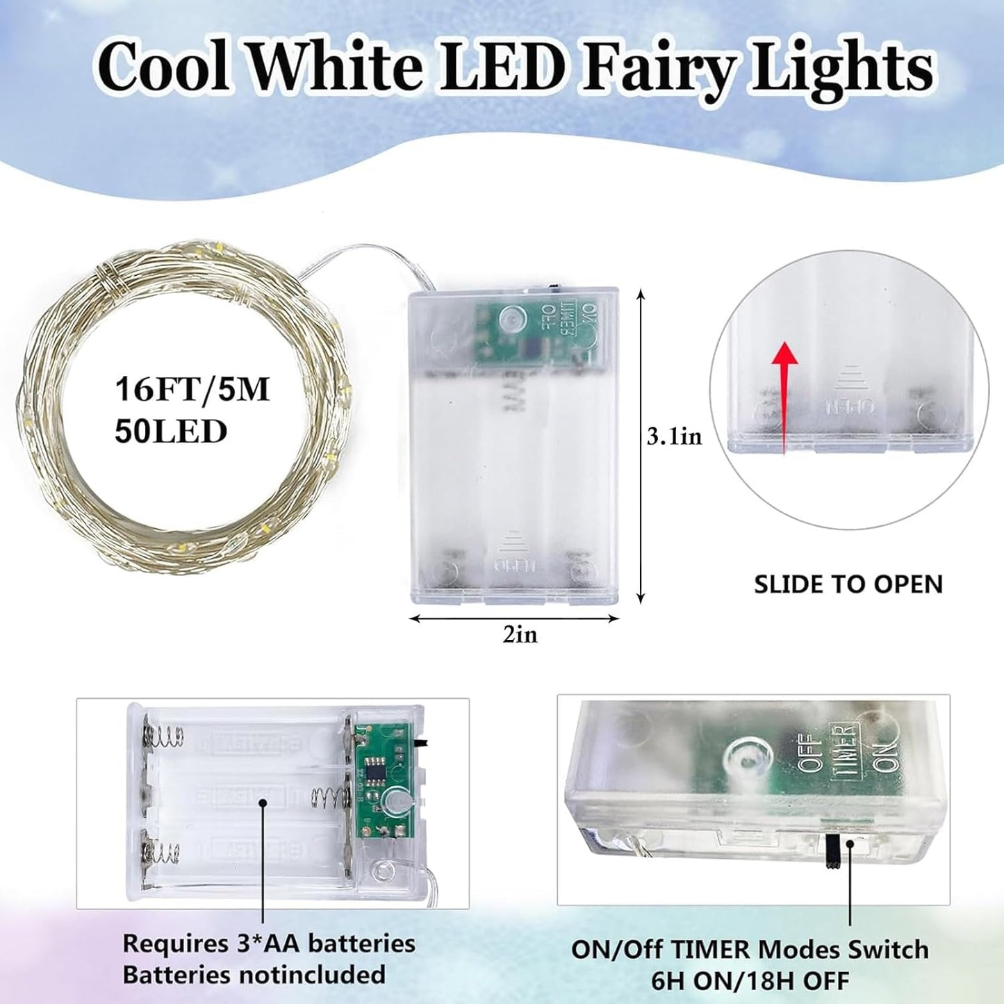 Skiennix 2-Pack Battery Operated Fairy Lights - Waterproof 16FT 50 LED String Lights for Indoor/Outdoor Decor | Cool White