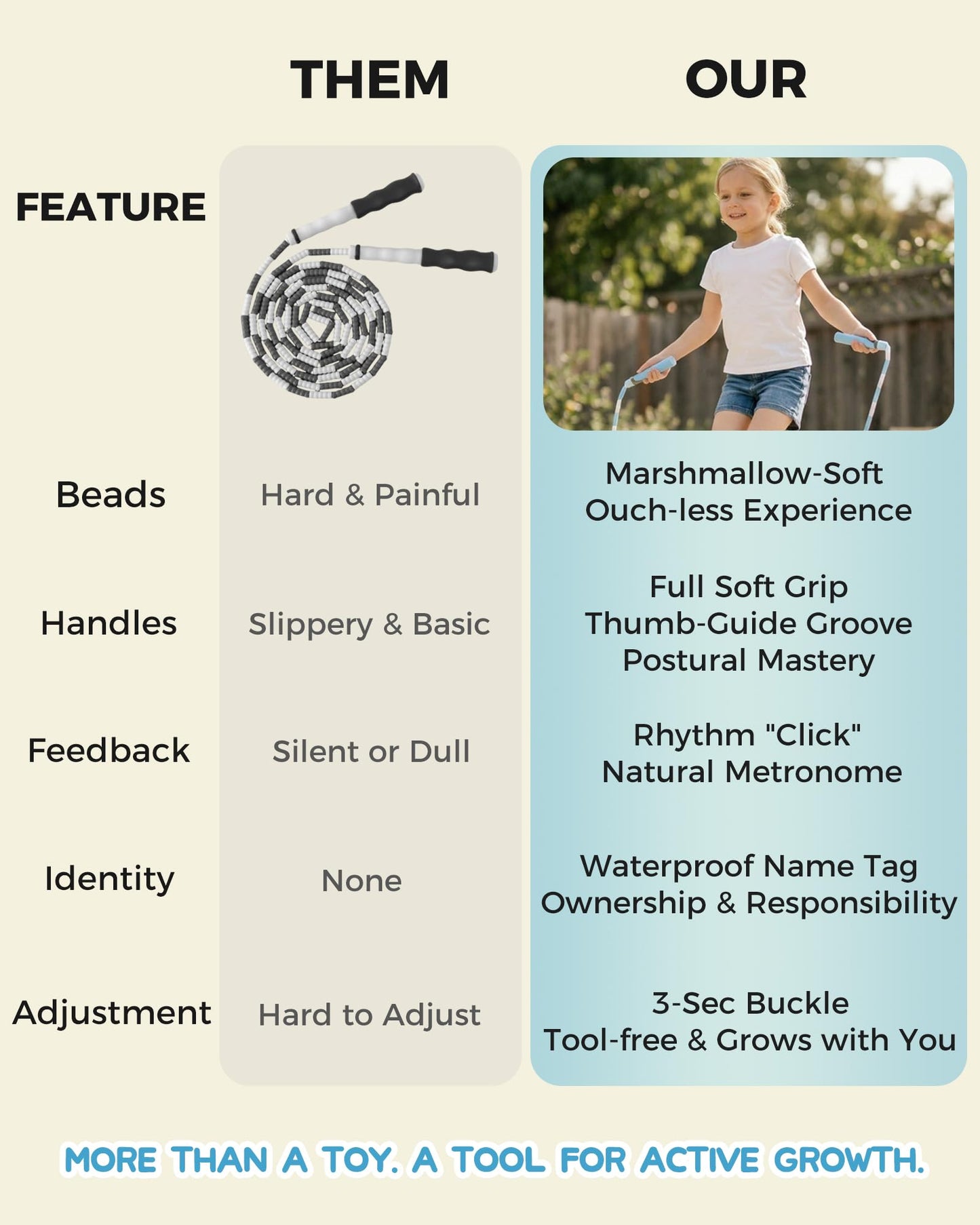 YUEDONG Adjustable ULTRA-SOFT Beaded Jump Rope for Kids Beginners - Tangle-Free Skipping Rope with Marshmallow-Soft TPU Beads, Ergonomic Thumb Groove Anti-Slip Handles, Crisp Rhythmic Click Sound & Waterproof Name Tag Sticker for Safe Fun Exercise (1, PIN