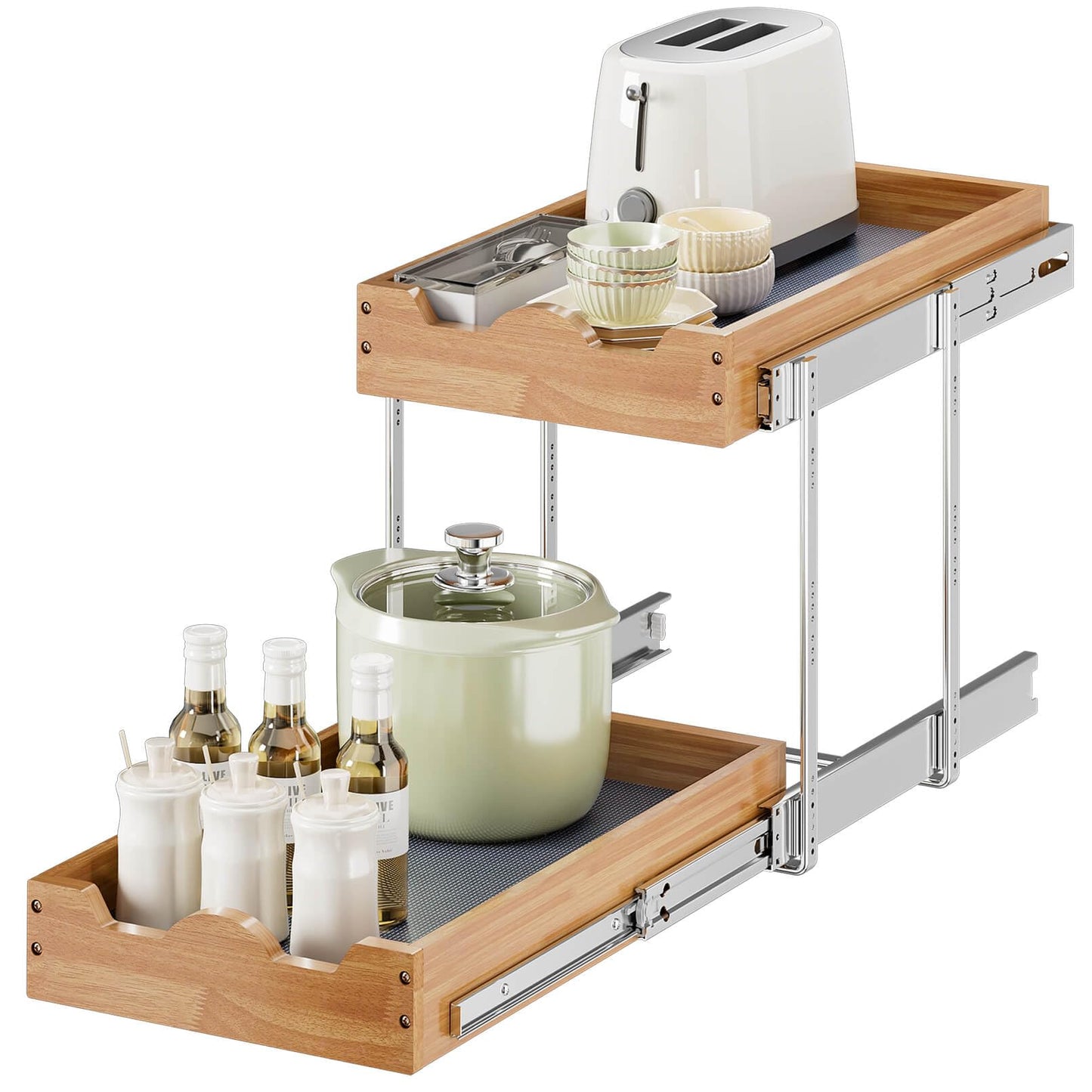 OCG 2 Tier Pull Out Drawers For Cabinets, Double Tier Slide out Wood Cabinet Organizer, Pull Out Shelves for Base Cabinet Organization in Kitchen, Pantry, Bathroom