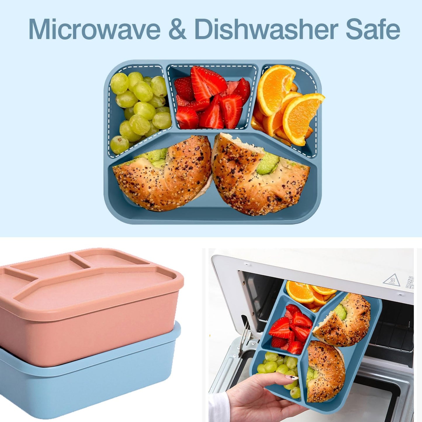AROCFTIE Silicone Bento Box, 4 Compartment Hard-Shell Food Grade Silicone Lunch Box with Lids,40oz Leak-Proof Lunch Containers with Four Sections, Oven & Dishwasher Safe (Blue)