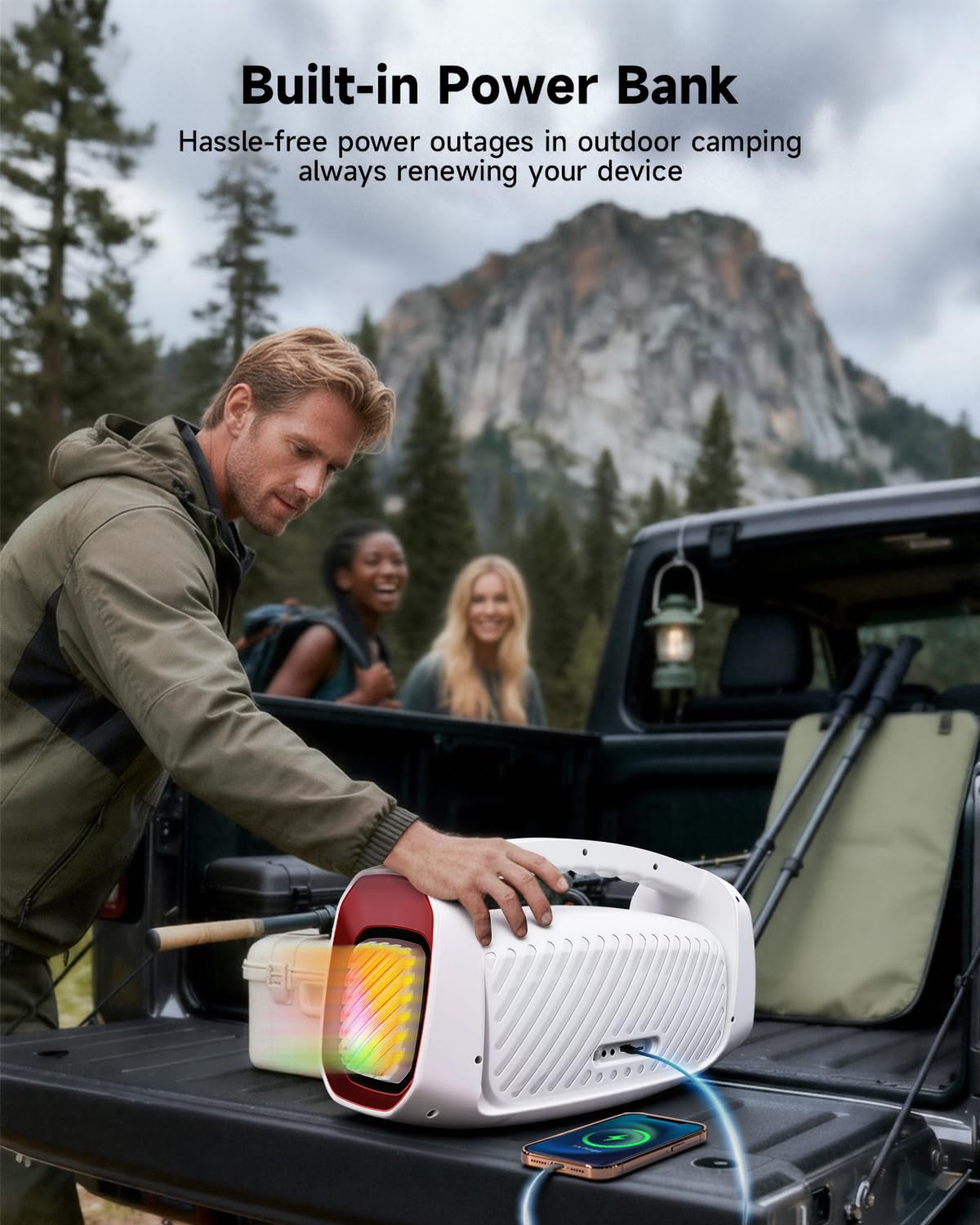 RWN Outdoor Bluetooth Speaker: 160W Loud Sound, IP67 Waterproof with 24H Playtime, Fast Charge, Bass, TWS, Portable Wireless Speakers with Light Show for House, Party, Projector, Beach (RED+White)