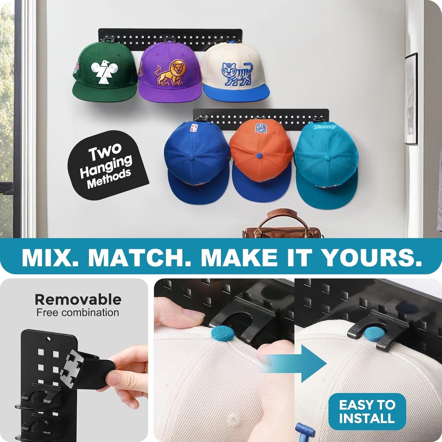 Skiennix Hat Organizer - 2 Pack Detachable DIY Rack for Up to 22 Baseball Caps | Black Wall Holder