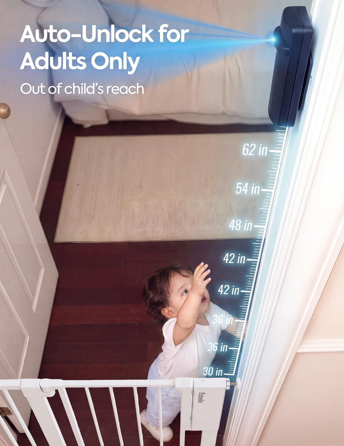 Babelio Smart Baby Gate with Auto-Unlock/Close, Pressure Mounted No Drill for Doorways/Top of Stairs. Pet/Dog Door Wide Walk Thru w/Infrared Sensor & Instant Safety Alert (White, 26.3-37.8" W, 30" H)