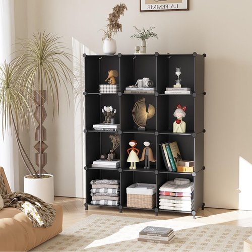 AWTATOS Cube Storage Organizer - Stackable 12-Cube Plastic Shelves for Closet & Home - Black