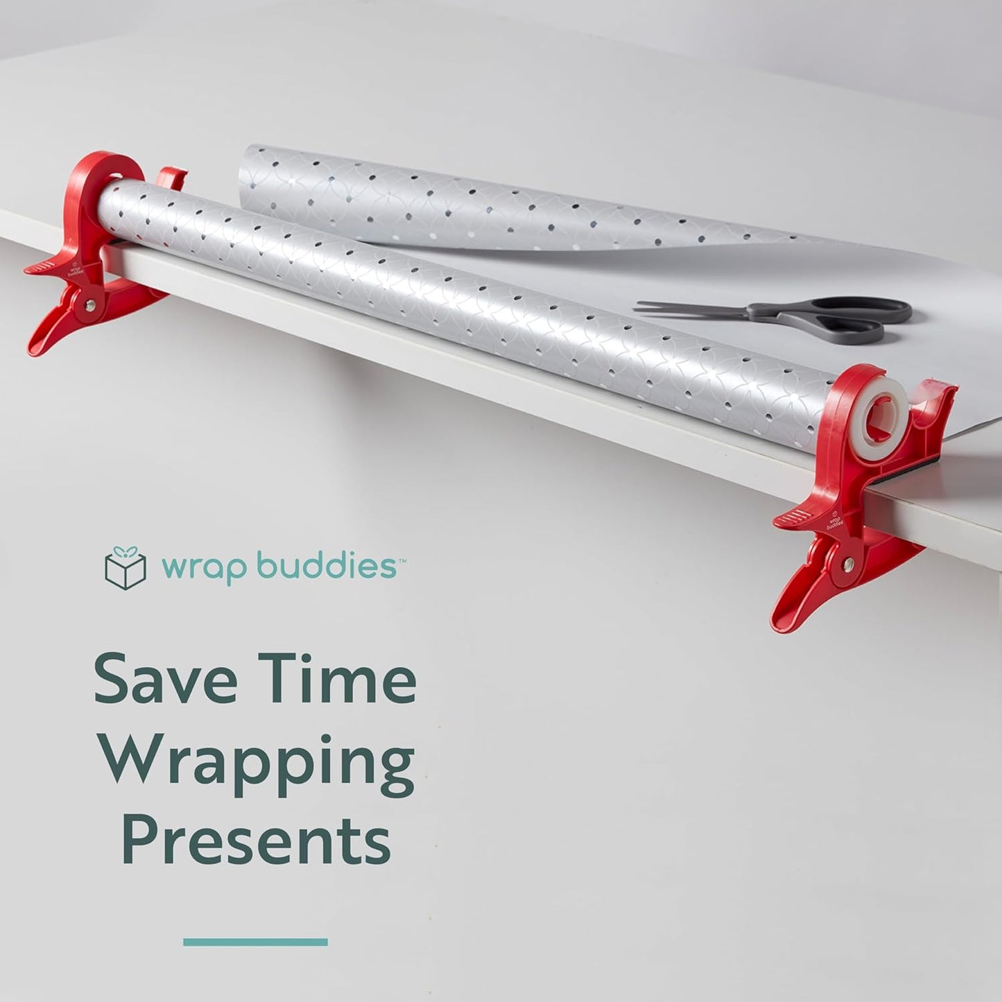 Wrap Buddies Tabletop Gift Wrapping Tool - Set of 2 Adjustable Clamps with Tape Dispenser - One-Handed Cutter in Cherry Red