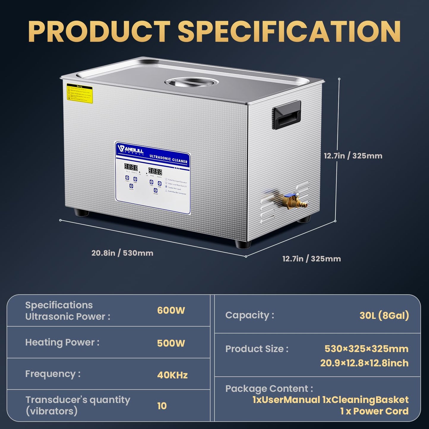 Anbull 30L/8Gal 600W Industrial Ultrasonic Cleaner Machine with 304 Stainless Steel and Digital Timer Heater for Wrench Tools Industrial Parts Mental Instrument Apparatus Cleaning