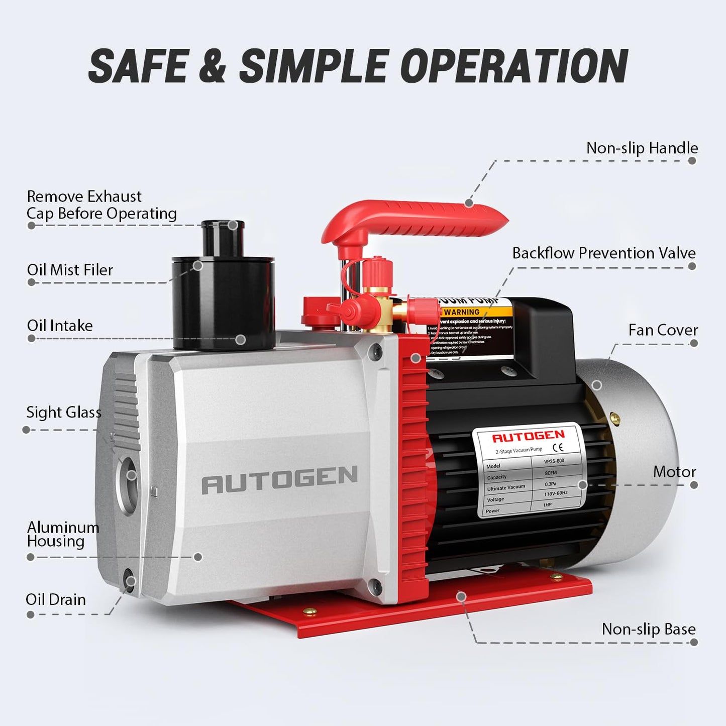 2-Stage 8CFM Vacuum Pump, 1HP 2.25 Micron 110V Air for R12 R22 R134a R410a, Rotary Vane for HVAC/AUTO AC Refrigerant Recharging, Degassing Wine, Milking Cow