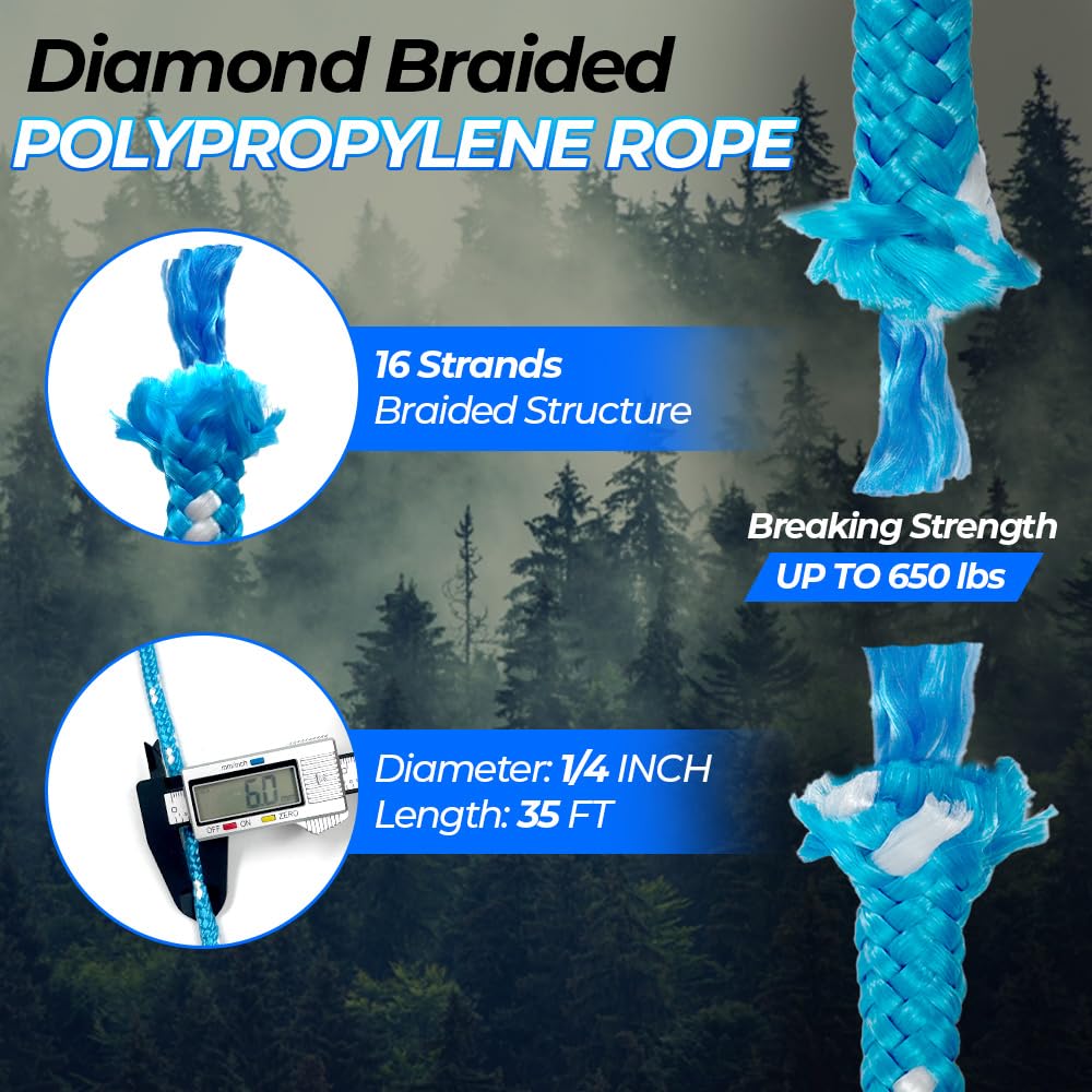 Diamond Braided Polypropylene Rope, 16-Strand Lightweight Floating Utility Rope for Camping, Marine, Flag Pole, Indoor and Outdoor Use (Blue/White, 1/4in X 35FT)