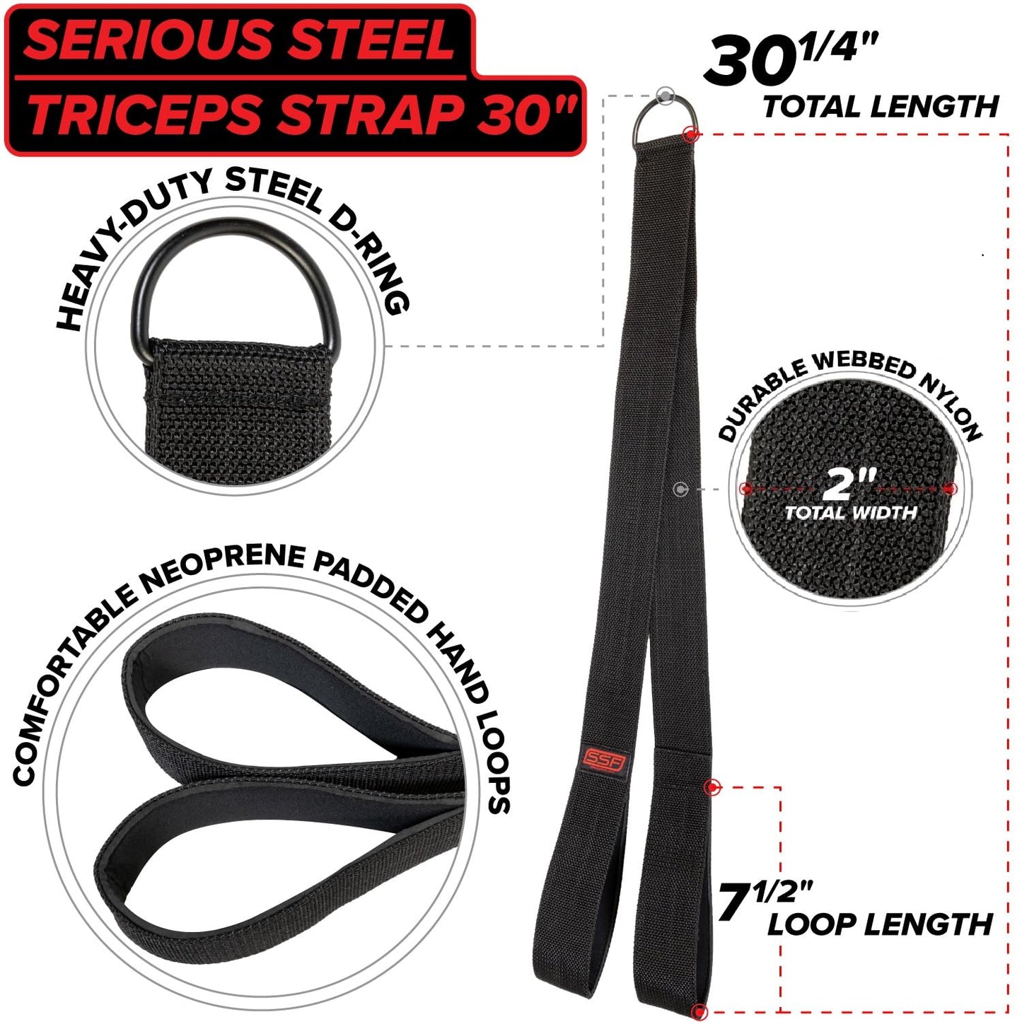 Serious Steel Fitness Ab Strap/Tricep Strap Cable Machine and Resistance Band Attachment (30")
