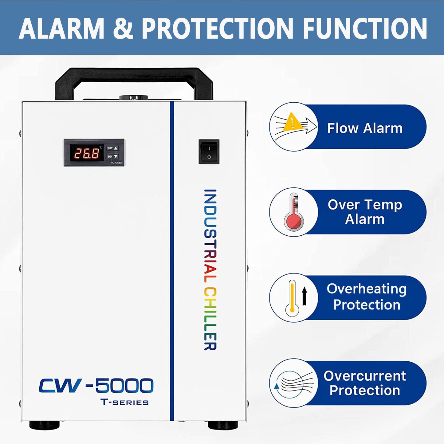 S&A CW-5000 DG Industrial Water Chiller 7L 1.14HP 2.64gpm Water Cooling System for 40W 50W 60W 70W 80W 90W 100W CO2 Laser Engraving & Cutting Machines,Cools 3868 BTU/Hour