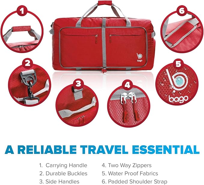 Bago Large Foldable Duffel Bags for Traveling Women & Men - 100L Packable Duffle Bag for Travel with Shoe Compartment - Water Repellant, Heavy Duty, Lightweight Folding & Collapsible (Red)