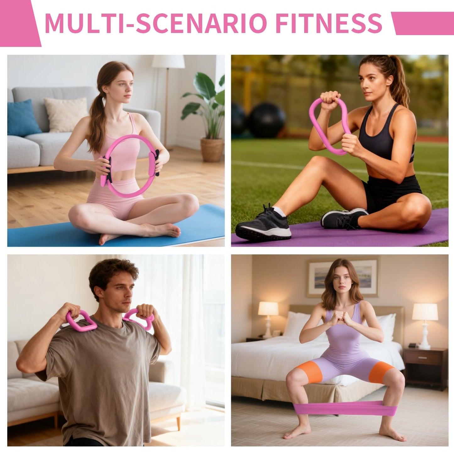 Pilates Kit for Home Workouts for Women-12-Piece Equipment Set with Ring,Yoga Ball,5 Resistance Bands,Figure-8 Band,Arm Stretcher,Grippy Socks,Storage Bag for Toning,Strength & Flexibility (Pink)