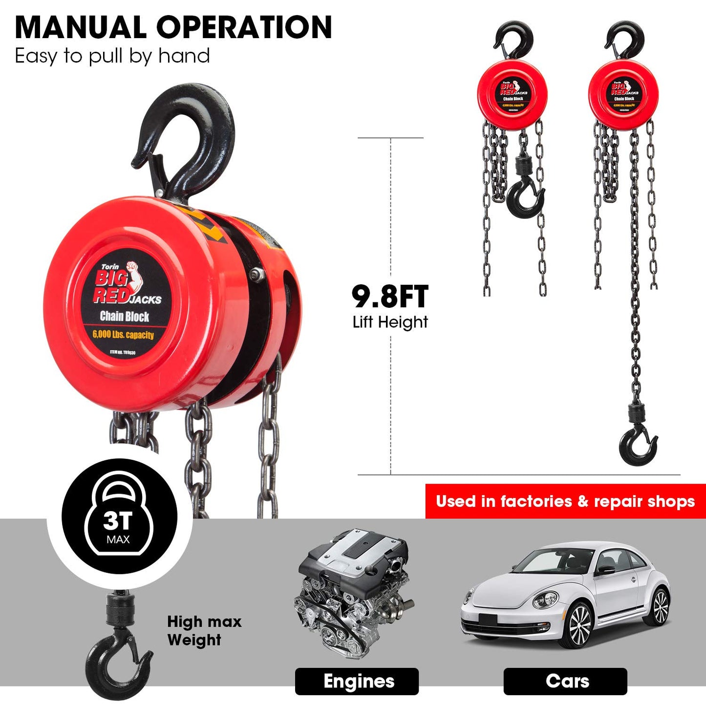 BIG RED TR9030 Torin Manual Hand Lift Steel Chain Block Hoist with 2 Hooks, 3 Ton (6,000 lb) Capacity, Red