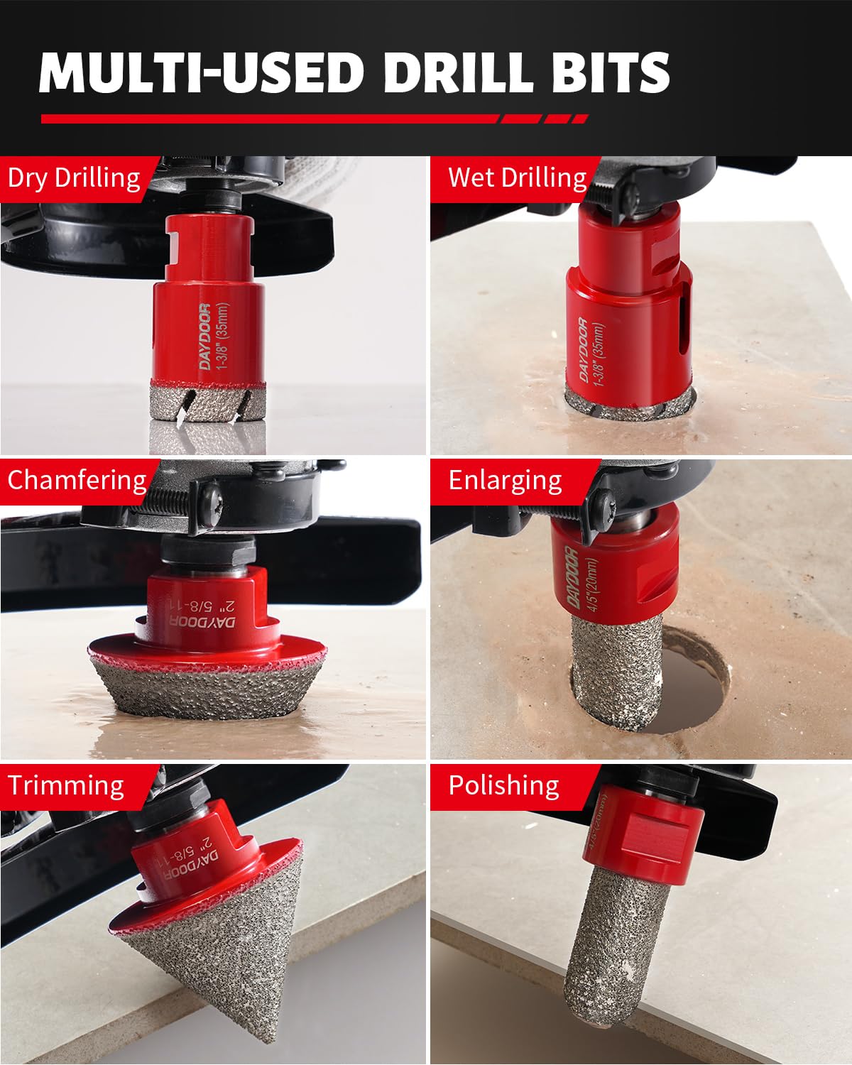 DAYDOOR Diamond Hole Saw Kit, 11-PieceTile Hole Saw Kit 1/4" 5/16" 4/5" 1" 1-3/8" 2" 2-1/2" 4",Vacuum Brazed Core Drill Bits for Porcelain Tile, Granite, Marble, Stone(Red)