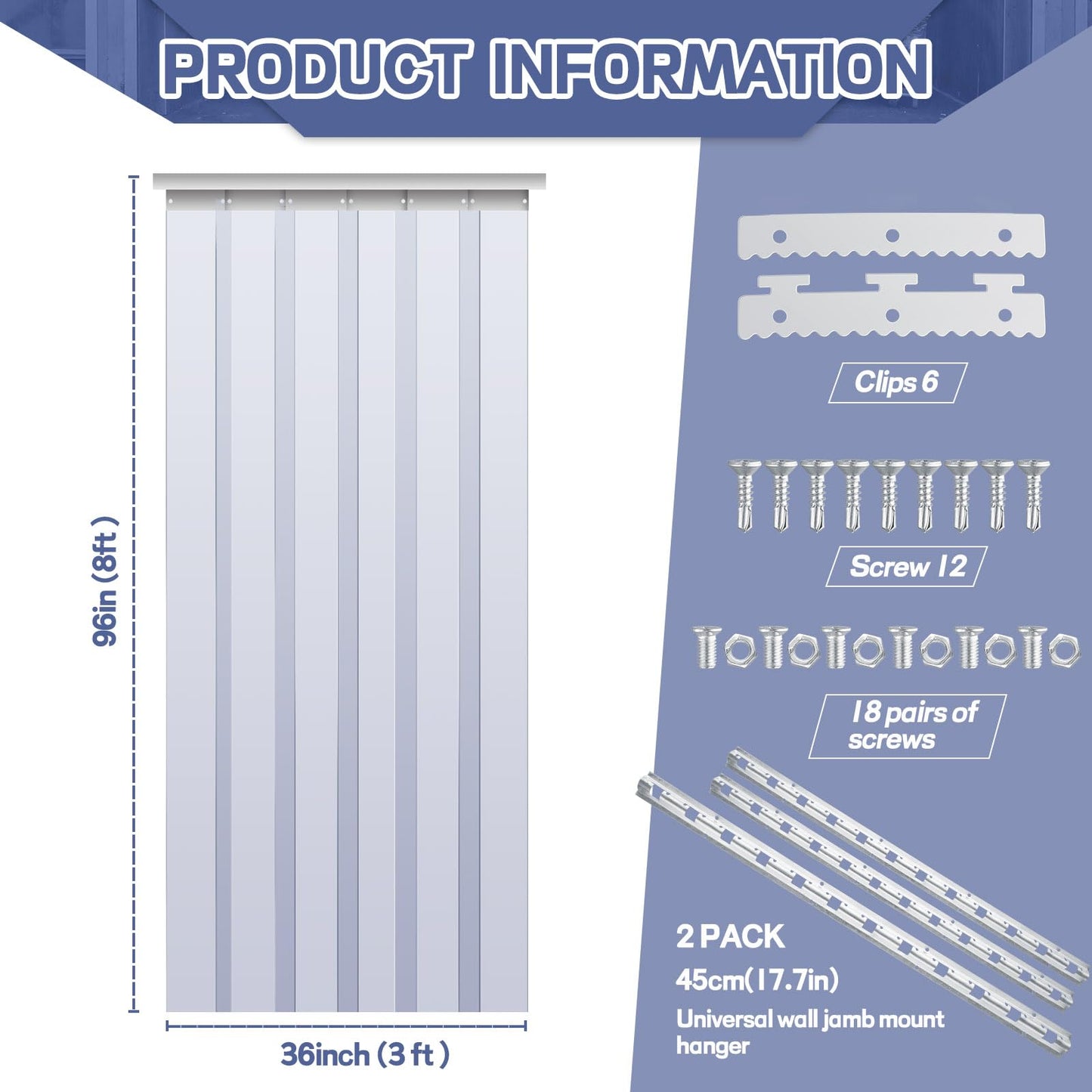 Juexica 36 x 96 Inch Plastic Strip Door Curtain Kit 0.08'' Walk in Cooler Curtains Thickness PVC Freezer Door Curtain Smooth Waterproof Hurricane Shutters Gate for Warehouse Garage Industry(Clear)