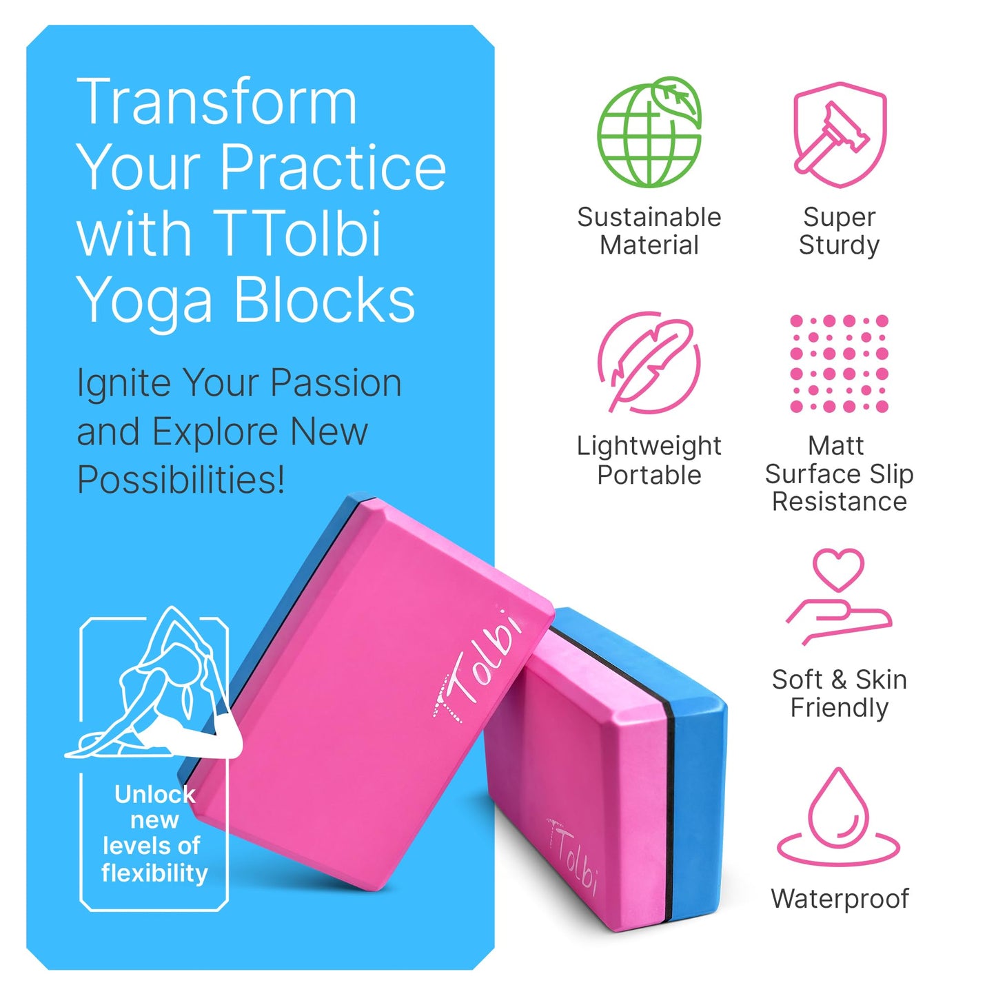 Yoga Blocks 2 Pack with Strap & Guide – Non-Slip EVA Foam Pilates Blocks for Home Workouts, Dance, Ballet, Gymnastics & Stretching Exercise | Ideal Dancer Gifts