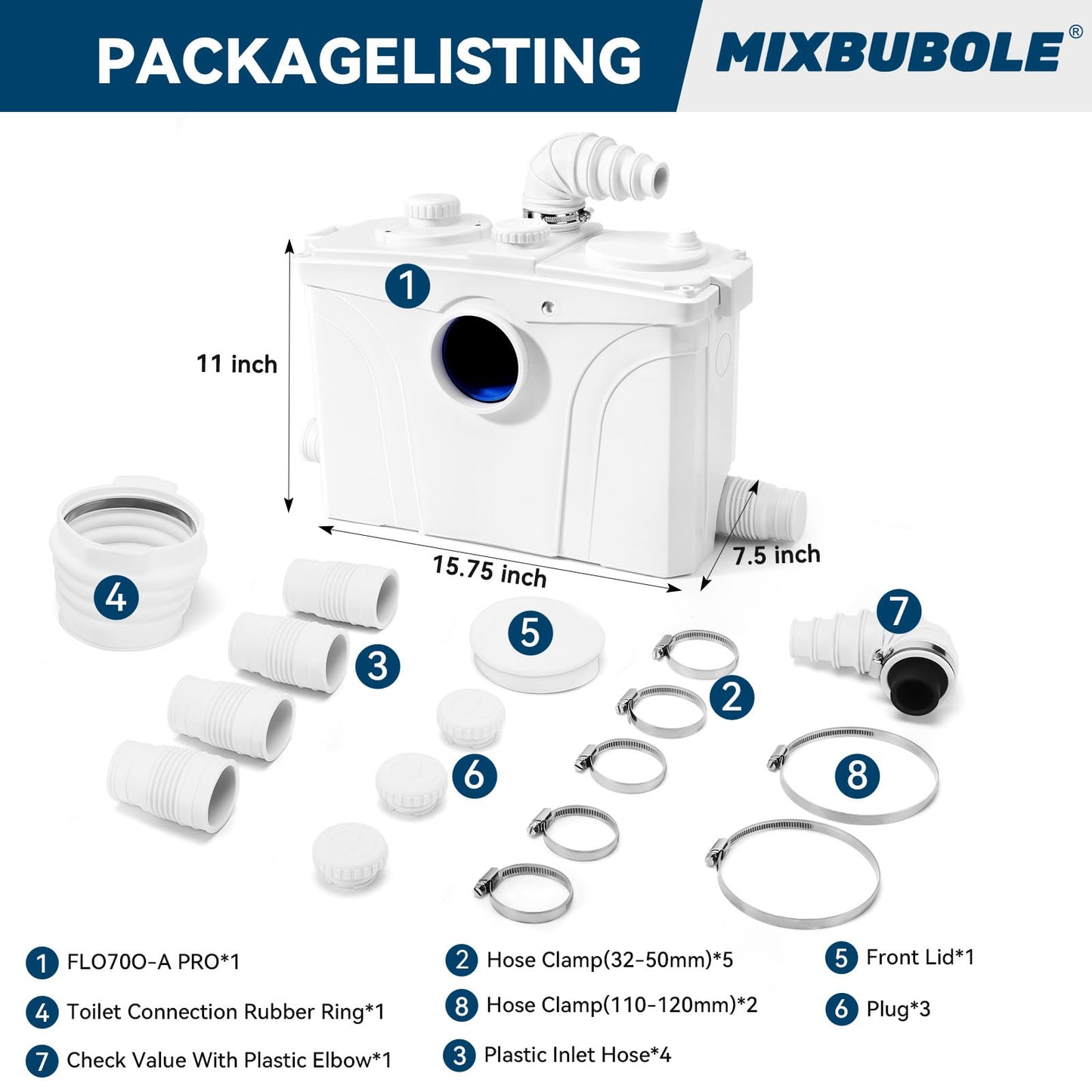 1.2HP Macerator Pump with PCB Function Toilet Pump Utility Sink Pump Upflush to 32.8FT 2500GPH Macerating Toilet System with 4 Water Inlets 1 Outlets for Toilet Sink Shower Laundry Kitchen Basement
