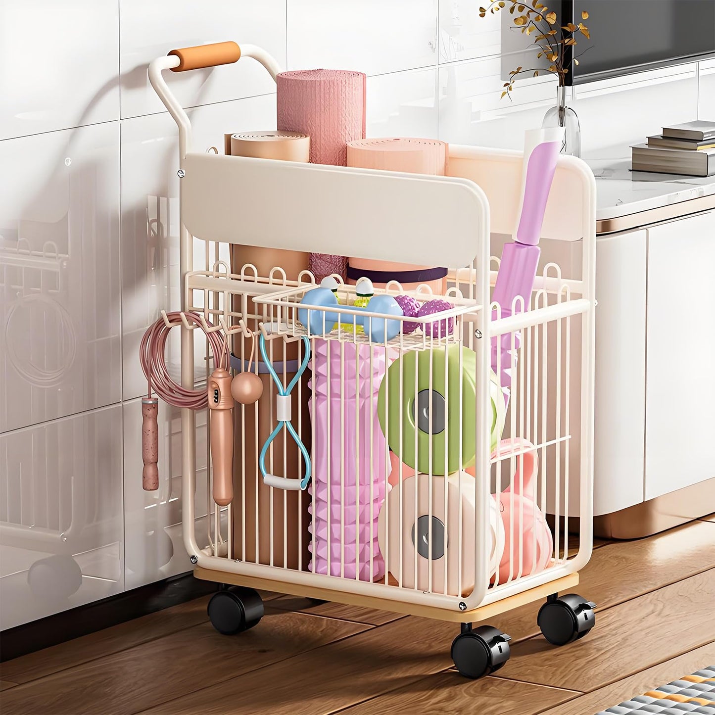 GKBRSU Yoga Mat Storage Rack with Wheels, Home Gym Organizer for Yoga Mats Foam Rollers Dumbbells Towels, Metal Rolling Workout Equipment Storage Rack with Handles and Basket (White, 20×11×24 in)