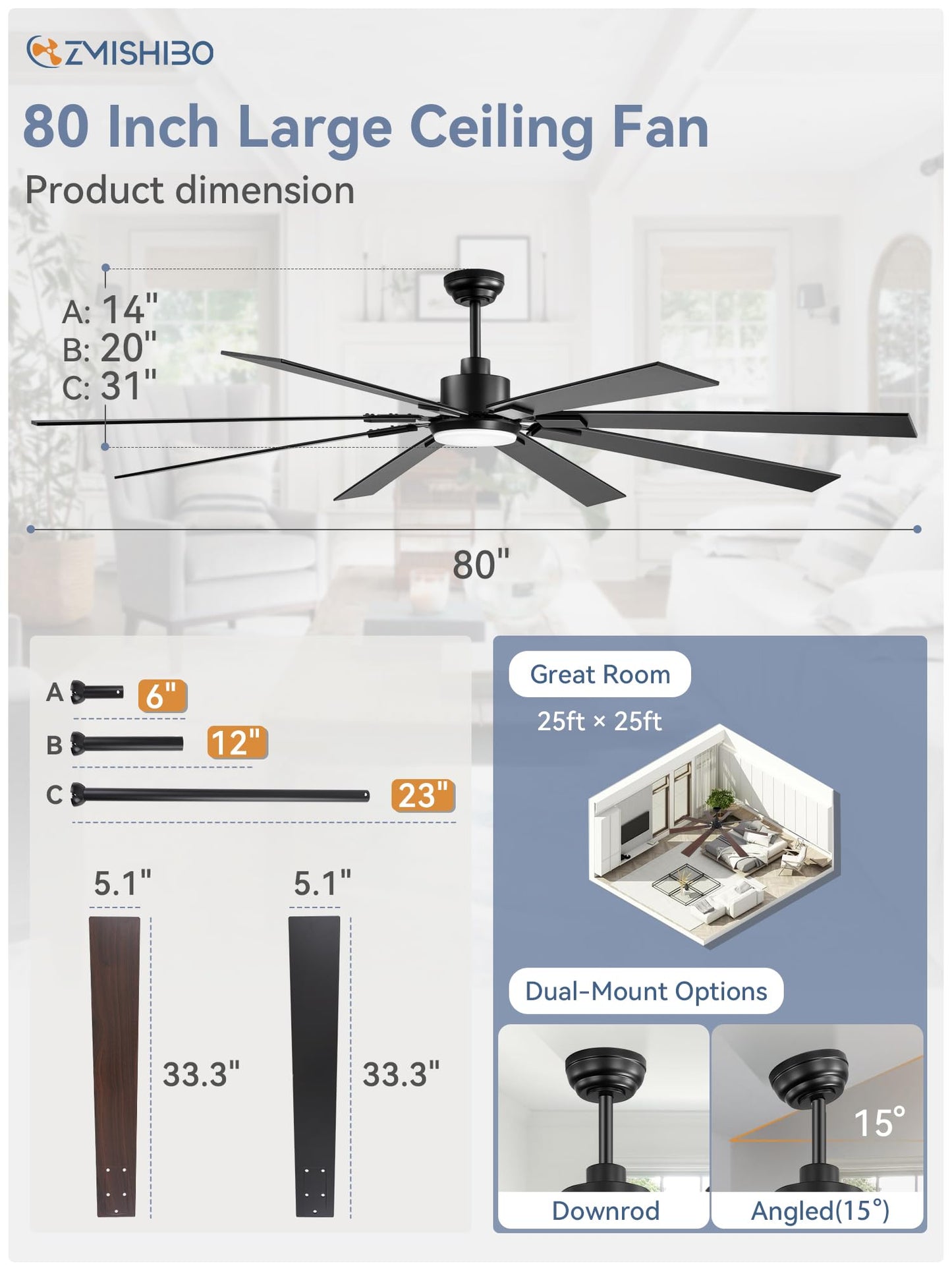 ZMISHIBO 80 inch Large Ceiling Fans with Lights and Remote, Indoor/Outdoor Black Modern Ceiling Fan for Kitchen Living Room Patio, 6 Speed Reversible Quiet DC Motor, 3 CCT, Dual Finish 8 Blades