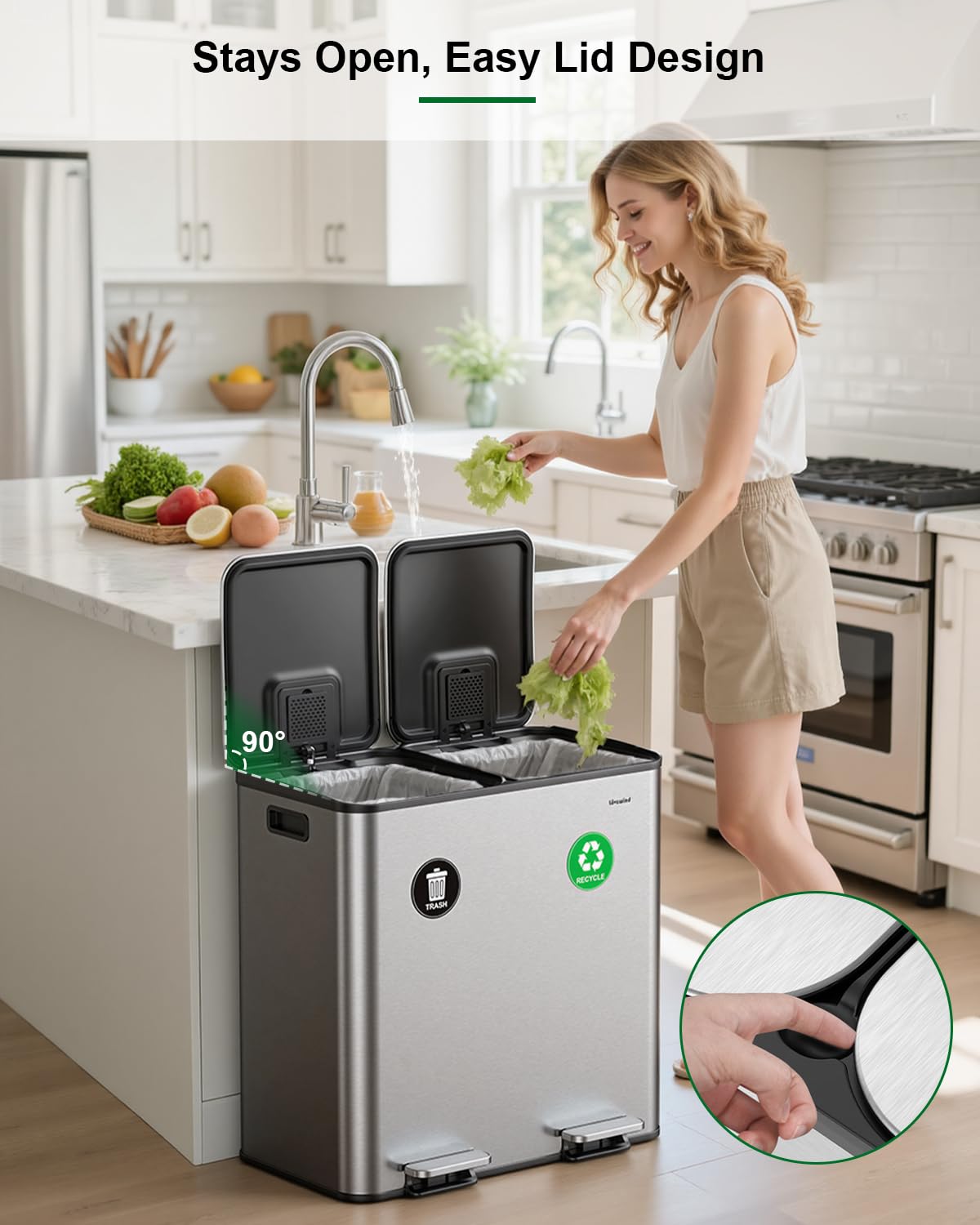 Lovewind 2×11.5 Gallon Dual Trash Can, Stainless Steel Dual Garbage and Recycling Can with Foot Pedal, 90° Stay-Open Lid, Pet-Proof Design – Large Dual Compartment Trash Recycling Bins Kitchen, Silver