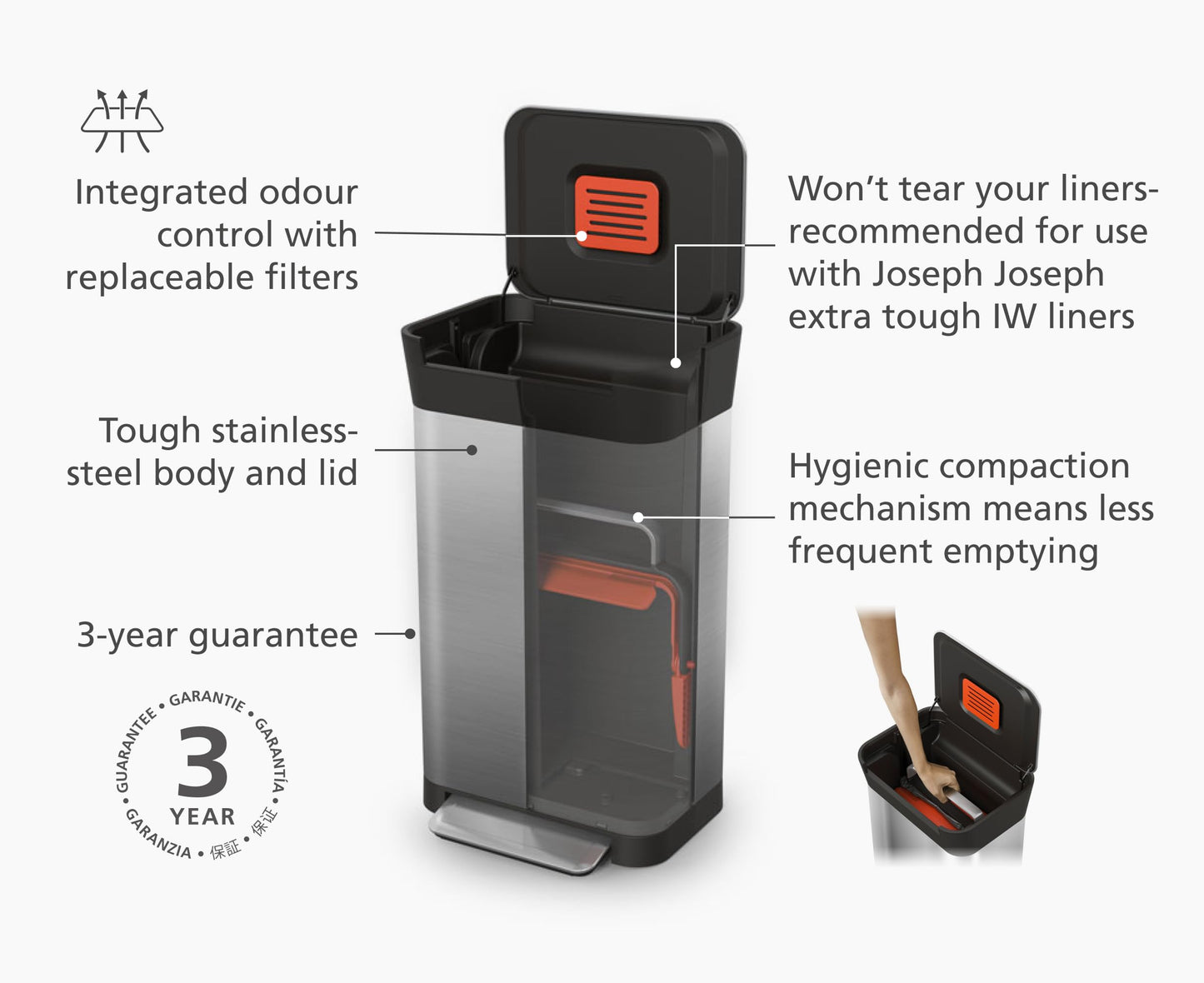 Joseph Joseph Intelligent Waste Titan Trash Can Compactor with Odor Filter, Compacts up to 3x trash, 30L/7.9 Gallons, Stainless Steel