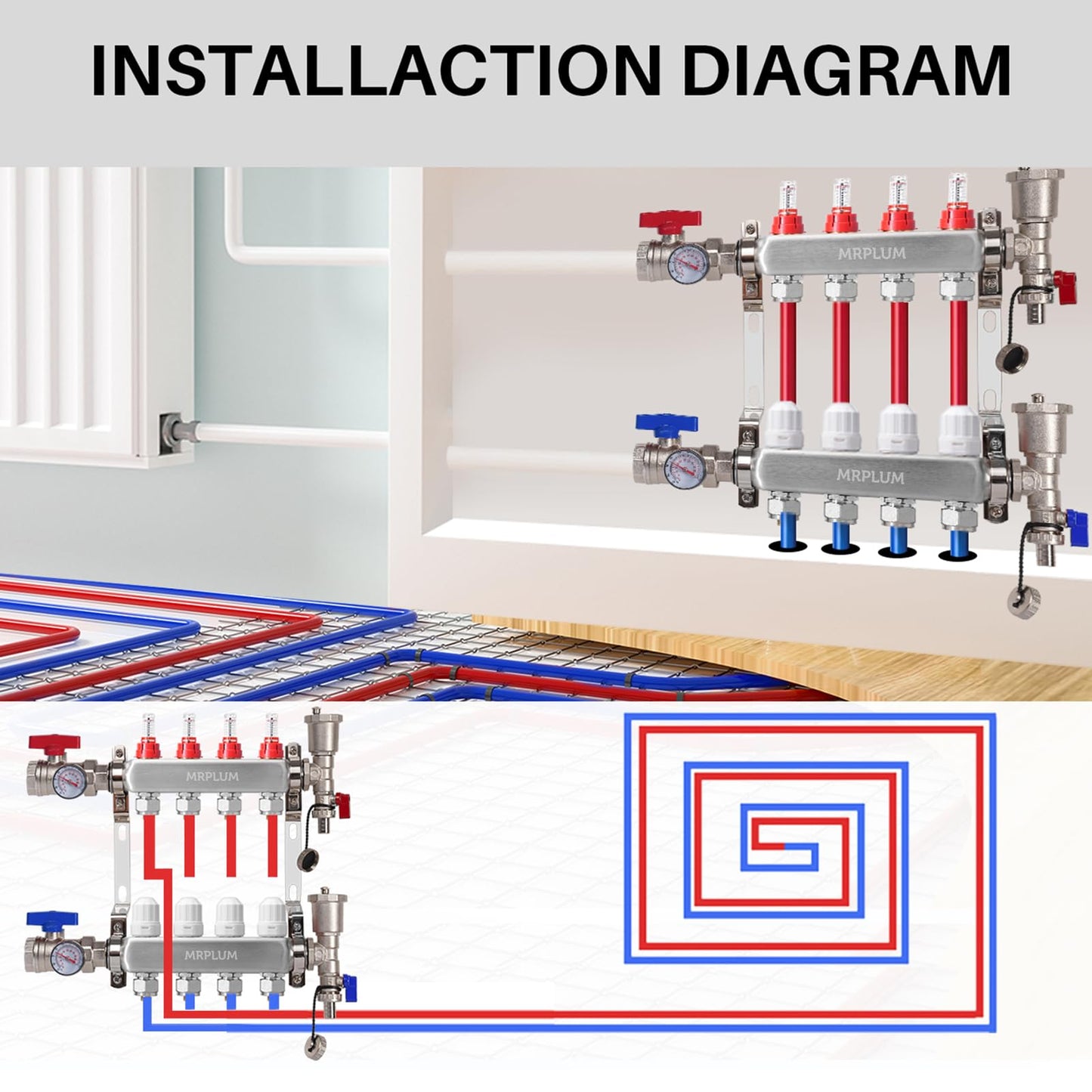 4-Branch Radiant Heat Manifold,MRPLUM Stainless Steel PEX Manifold with Compatible Outlets for Hydronic Radiant Floor Heating (1/2" Adapters included)