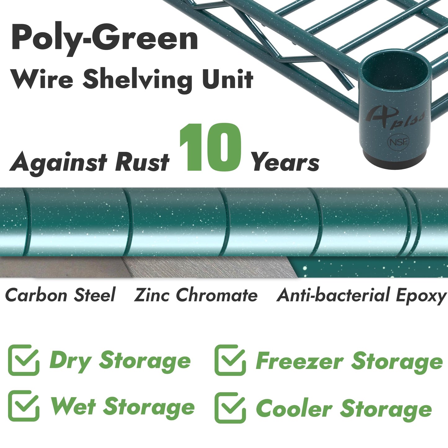 APLSS NSF 4-Tier Green-Epoxy Storage Shelves, 14"x36"x63", Moist&Dry Environments, Commercial Heavy Duty Steel Wire Shelving Unit, 800lbs Per Shelf, Walk-in Cooler&Freezer Kitchen