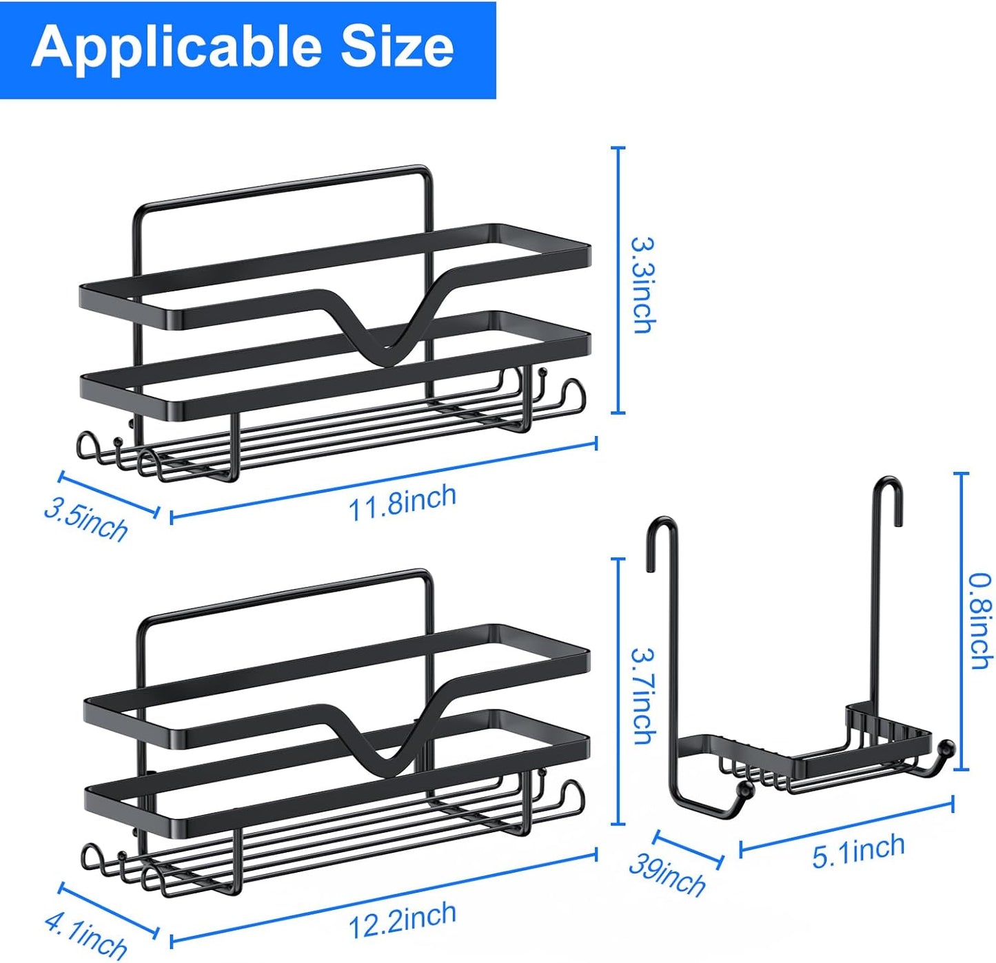 Regine Switzerland Shower Caddy 3 Pack - Rustproof No Drill Organizer with Soap Dish & Hooks | Black