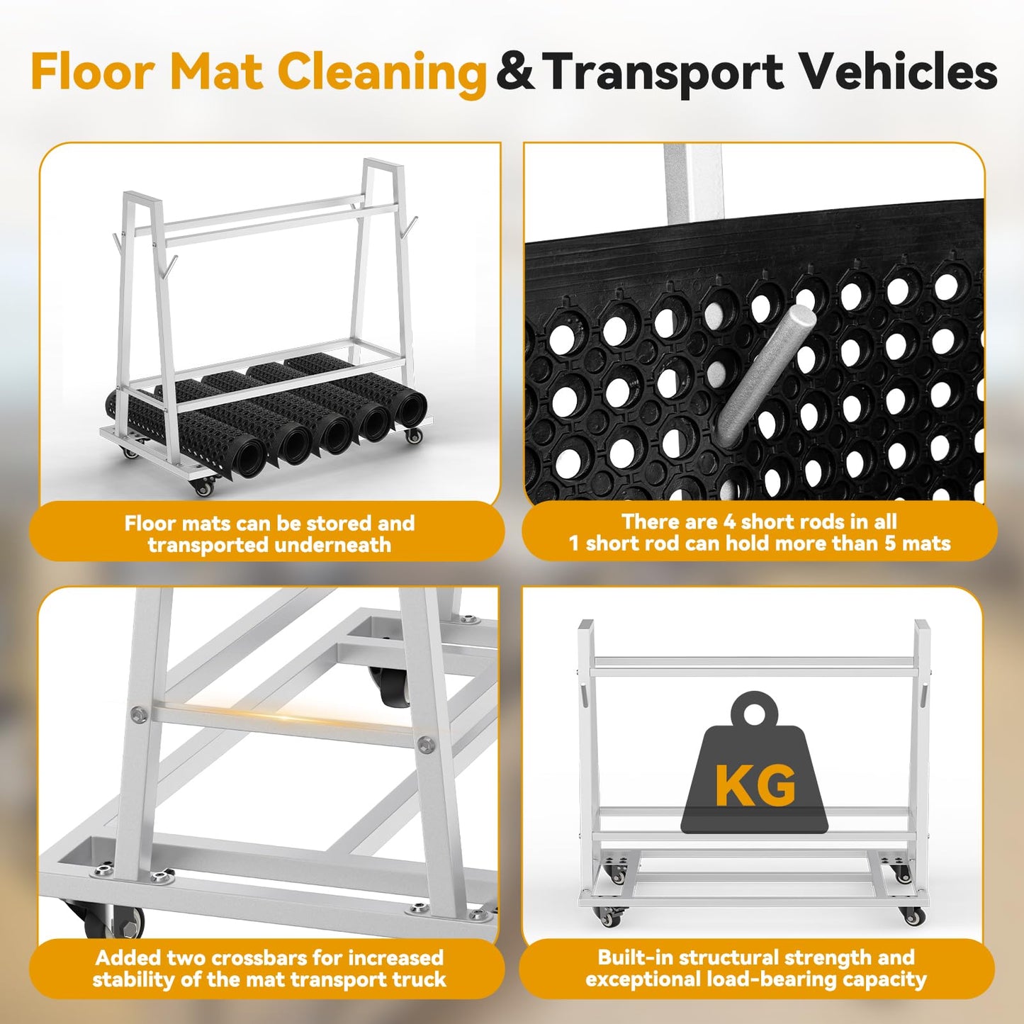 Wash Rack and Mat Transporter, Floor Mat Cart with Casters Commercial Floor Mat Rack with Four Short Rods 42“ L x 28” W x 40“ H