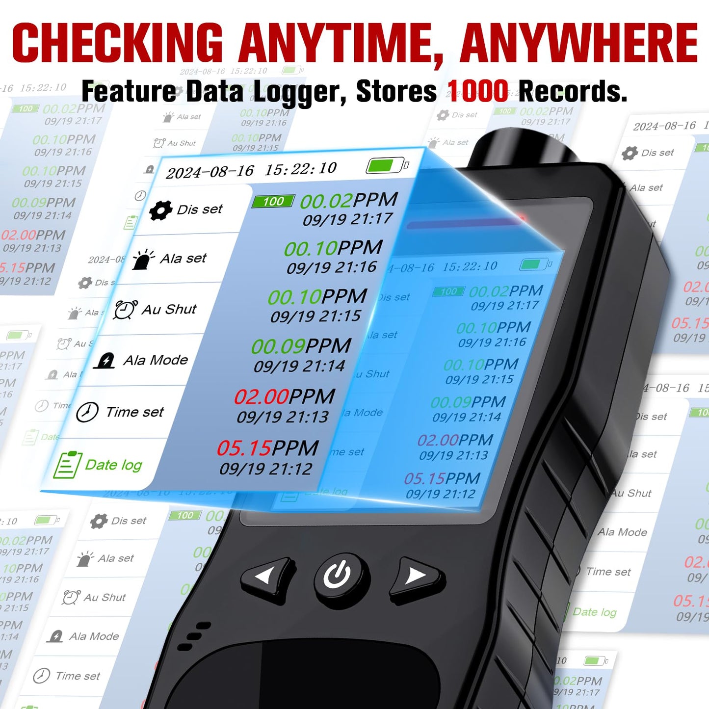 ZYKYCX Portable Ozone Detector, 0-20 PPM Ozone Gas Monitor with 0.01 PPM High Resolution, 16H Long Battery Life, Ozone Meter with Alarm, O3 Air Quality Monitor with Temp & Humidity Tester