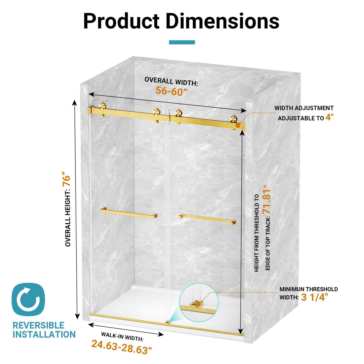 56"-60" W x 76" H Frameless Shower Door, 3/8" (10mm) ANSI Certified Tempered Glass, Double Sliding Bypass, Stainless Steel, Brushed Gold