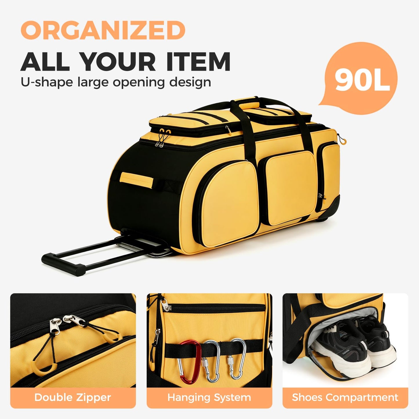 Searock 90L Rolling Duffle Bag with Wheels and Handle, 31” Large Duffle Bag for Travel, Carry On Luggage Duffel Bag with Shoe Compartment, Multi-Pocket, Water Resistant, Yellow