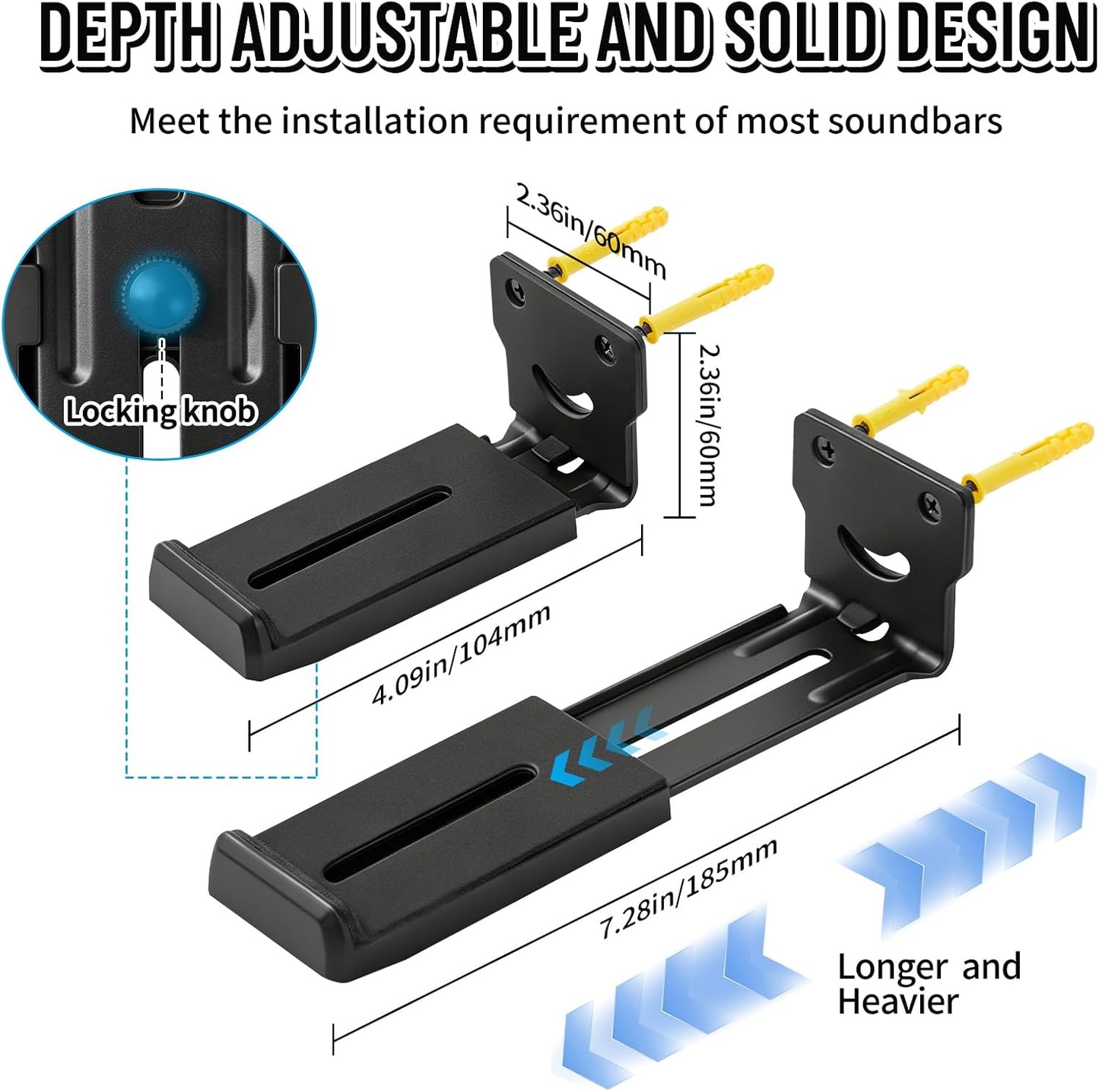 Kiiocwev 66LBS,Depth 4.09-7.28,All-Metal Soundbar Wall Mount Bracket -Universal Soundbar Mount&Soundbar Shelf
