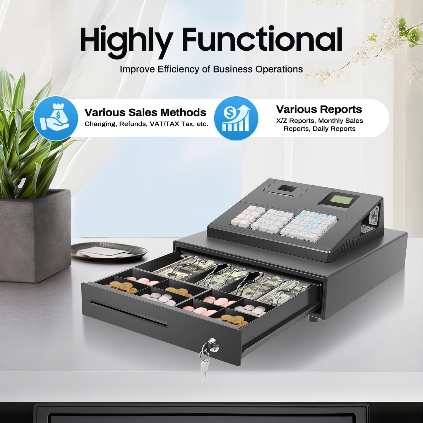 39 Keys Cash Registers with Locked Cash Drawer, Electronic Cashs Register for Small Businesses, 8 Digits LED Cash Register for Catering, Supermarkets, Clothing Stores, Hamburger Stores