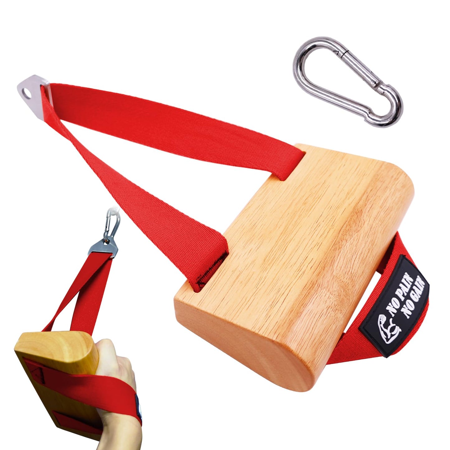 Ergonomic Arm Wrestling Handle with Wooden Grip, Wrist & Forearm Strength Training Attachment for Cable Machines (Red)