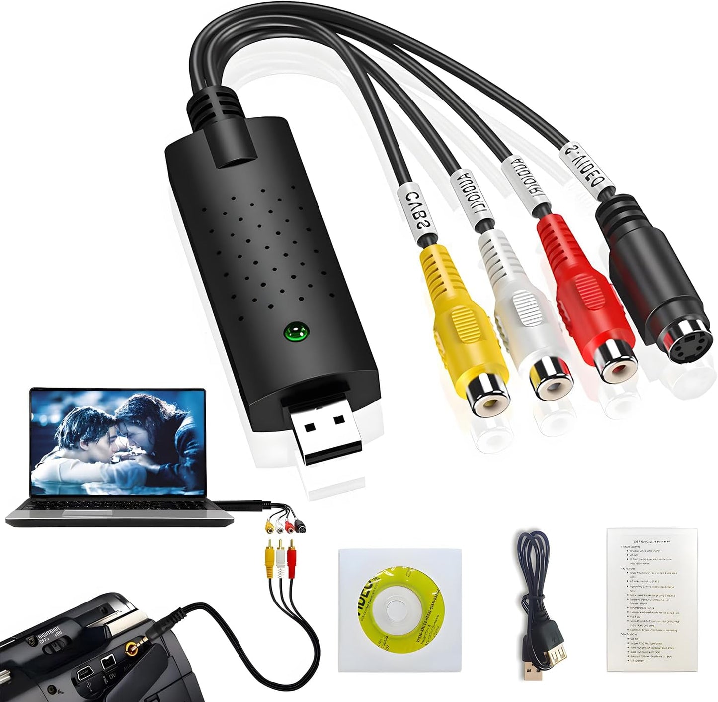 Flsazrx Hi8 Capture Card, USB Video Capture Card Device, Audio Video Converter Grabber for RCA to USB-Convert VHS Mini