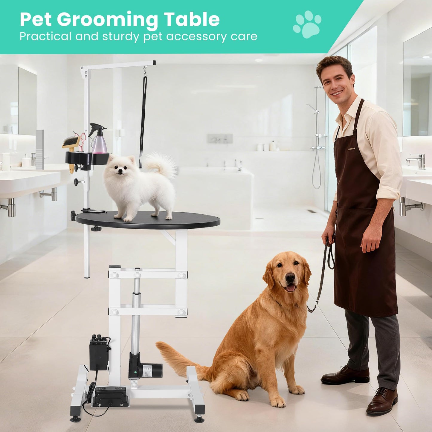 Garvee 24 Inch Electric Hydraulic Lift Pet Dog Grooming Table, Rotating Grooming Desktop for Small Pet, with Overhead Arm, Foot Remote, Tool Organizer, Capacity 250LBS